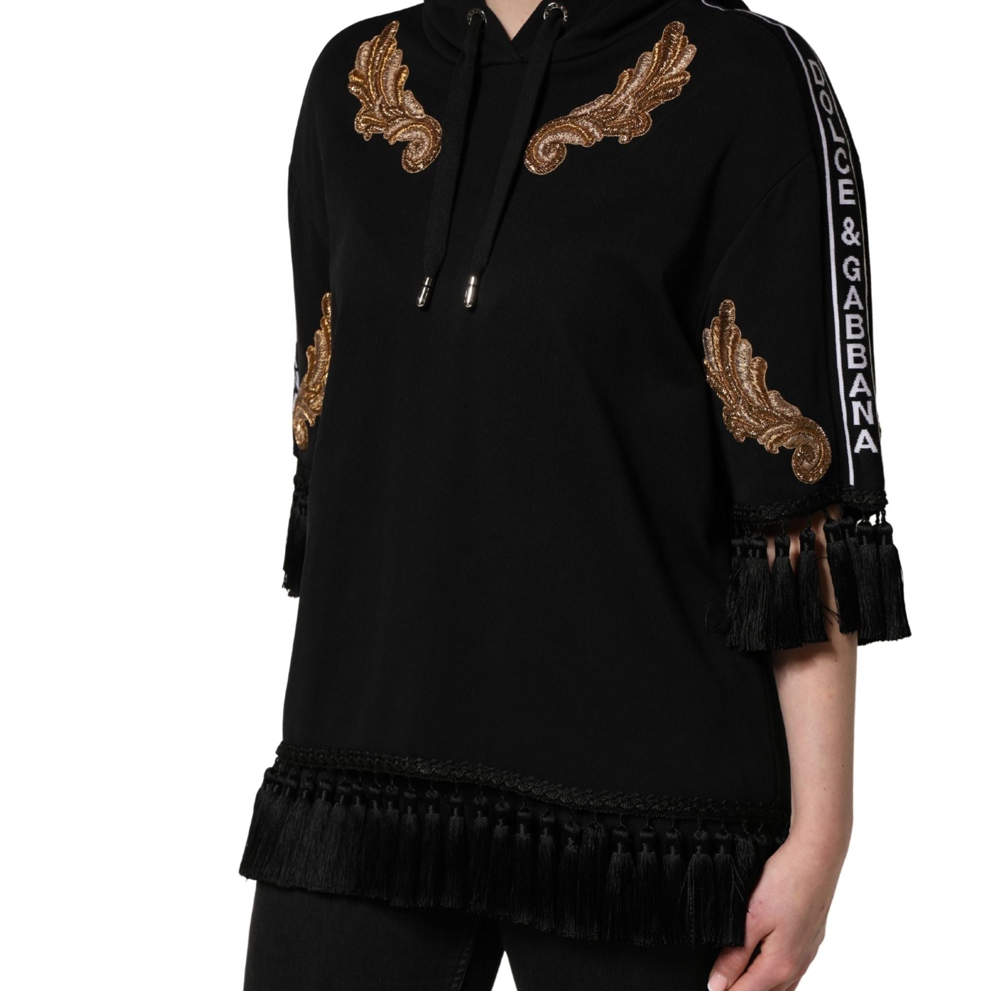 Dolce & Gabbana Black Embroidered Tassel Hooded Sweatshirt Sweater