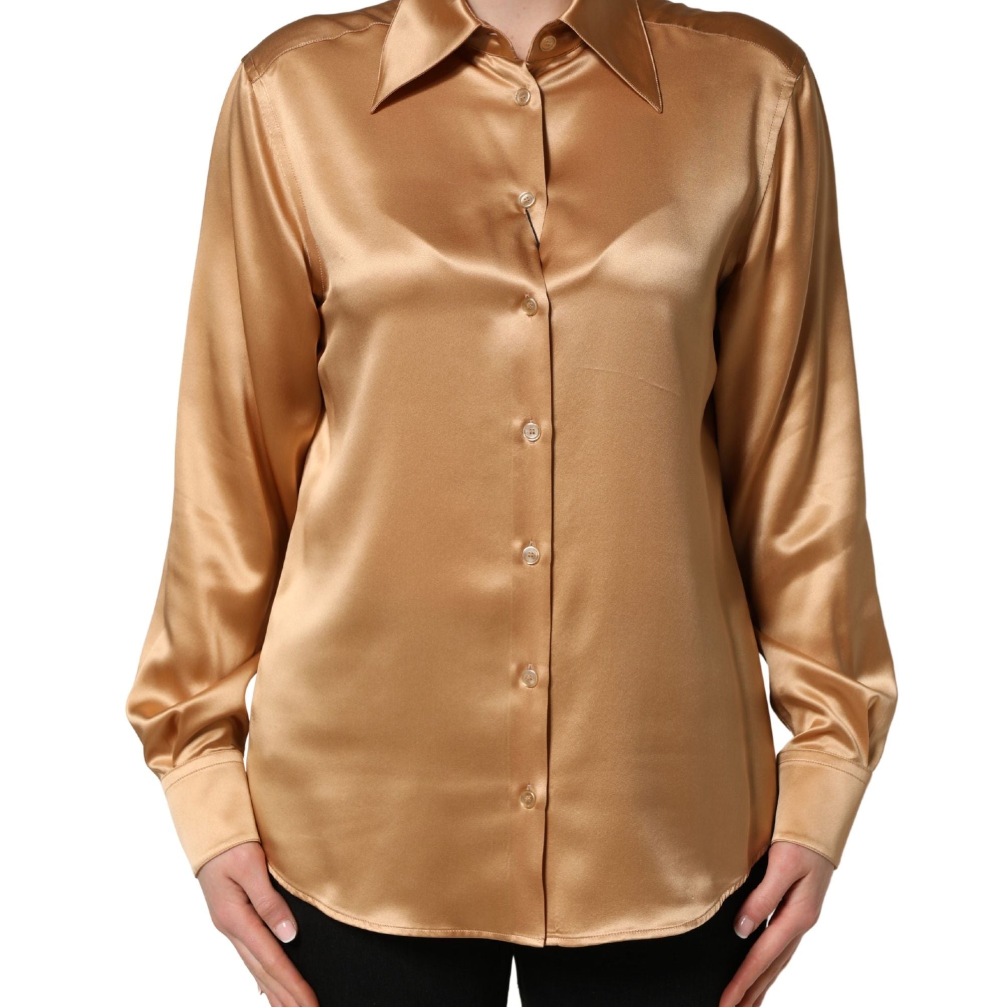 Dolce & Gabbana Gold Tone SatinFinish Silk Collared Shirt Top