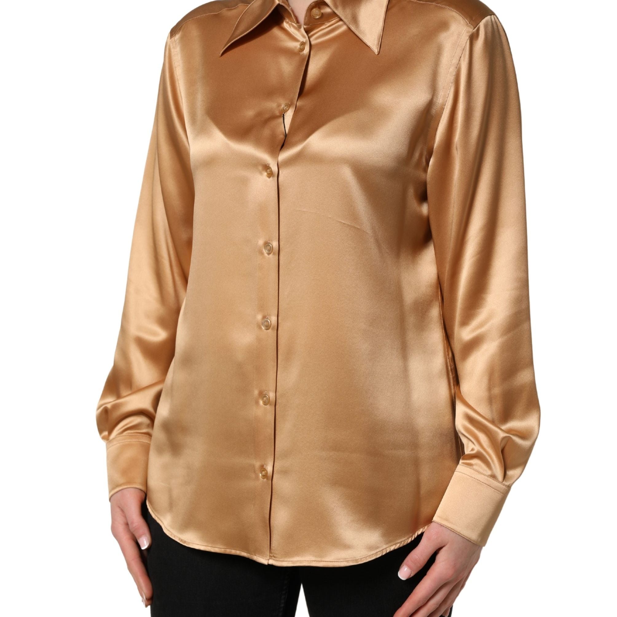 Dolce & Gabbana Gold Tone SatinFinish Silk Collared Shirt Top