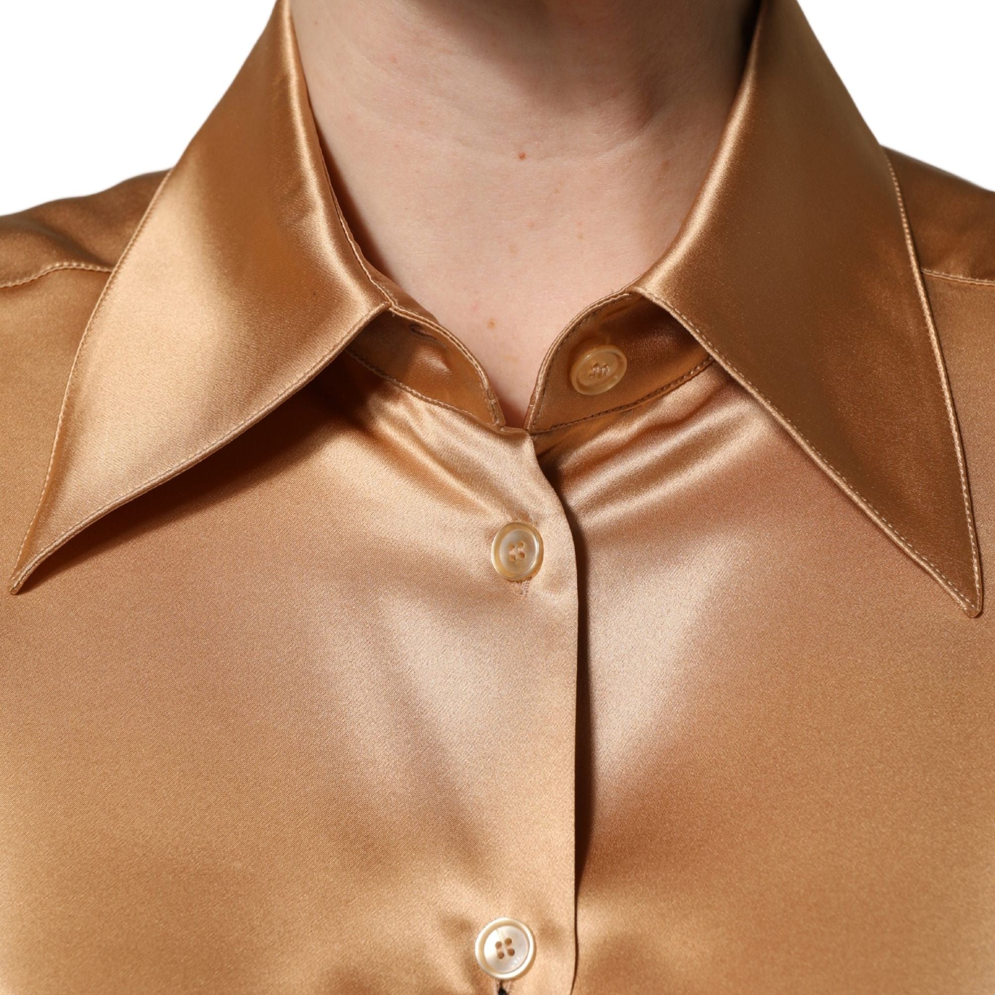 Dolce & Gabbana Gold Tone SatinFinish Silk Collared Shirt Top