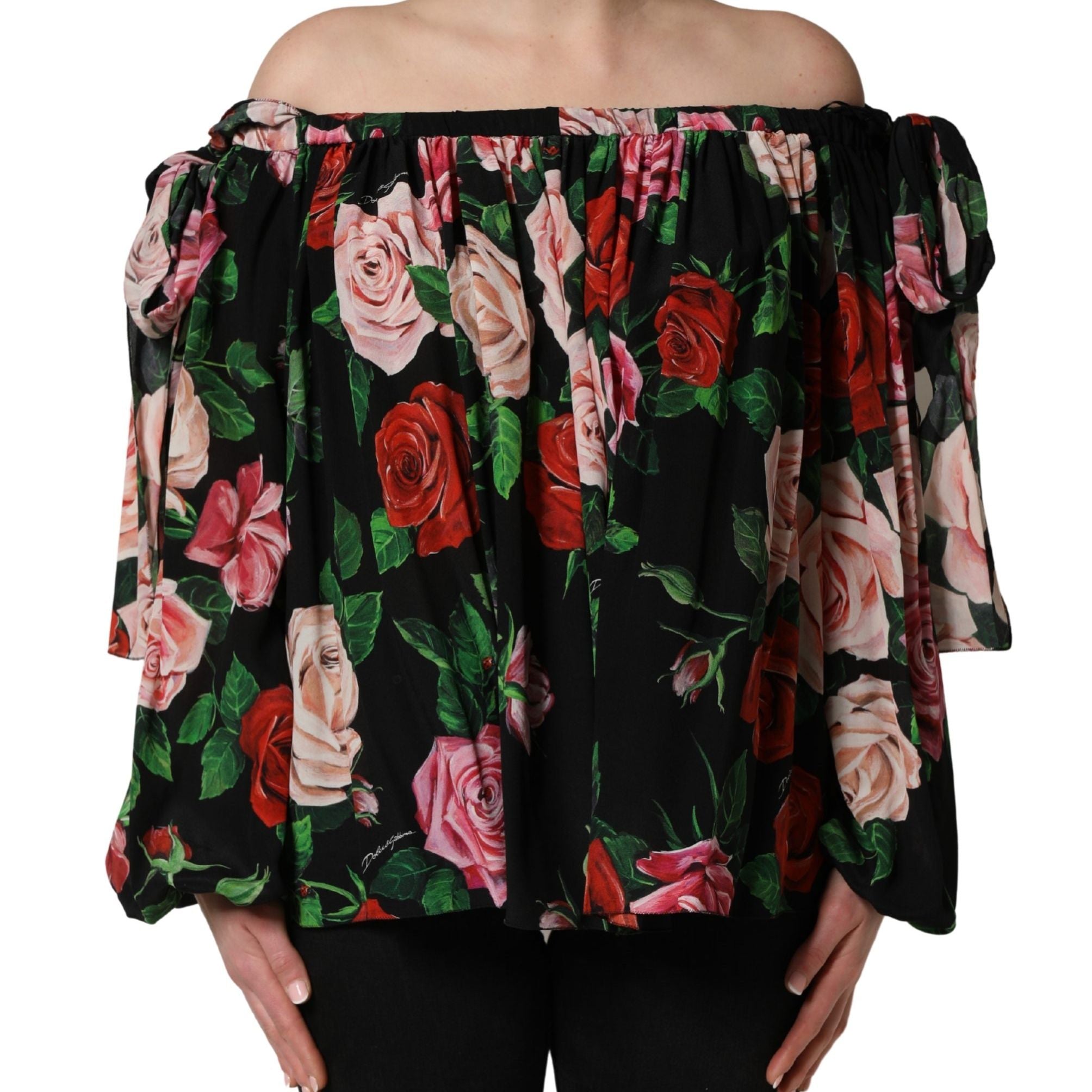 Dolce & Gabbana Black Rose Print Silk Off The Shoulder Blouse Top