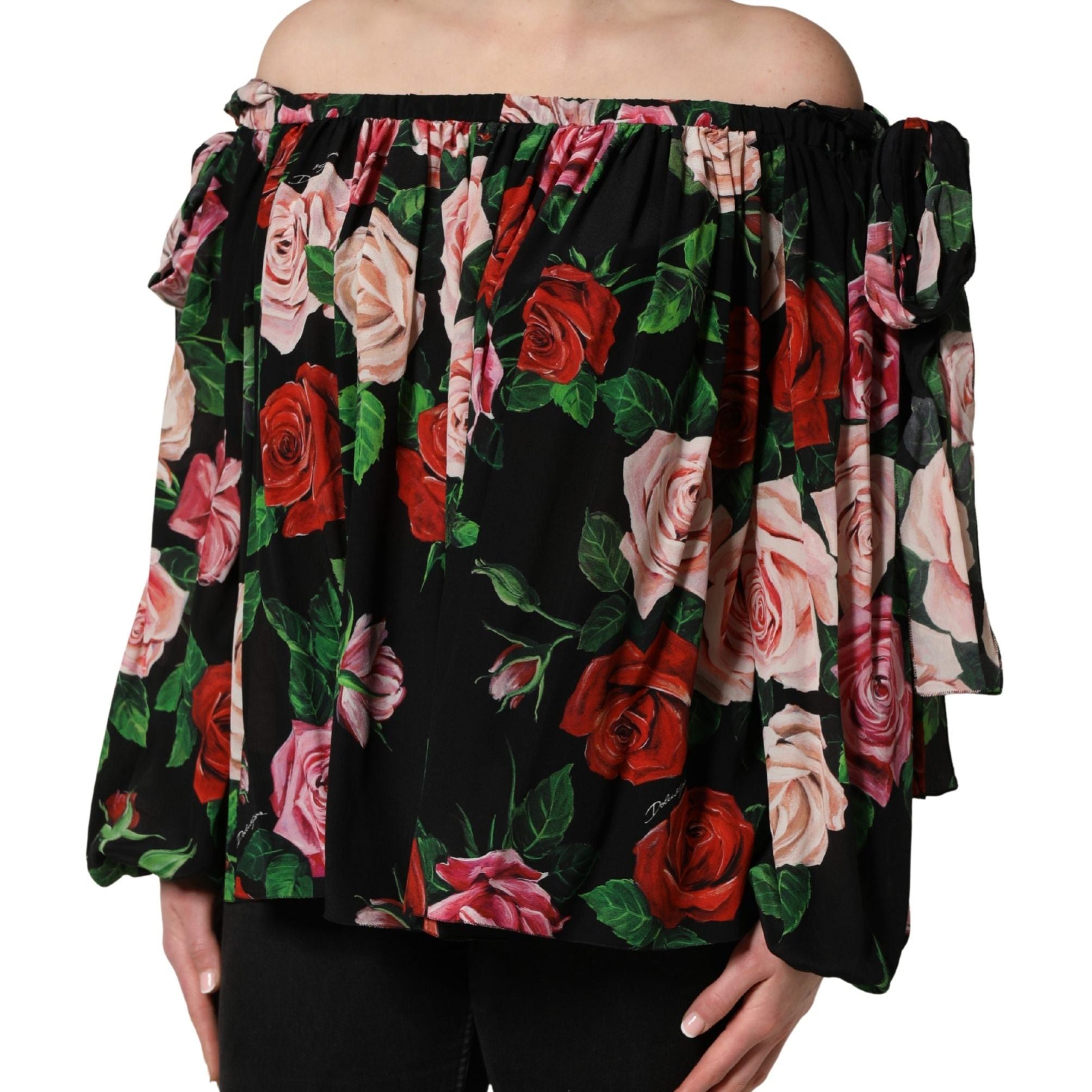Dolce & Gabbana Black Rose Print Silk Off The Shoulder Blouse Top