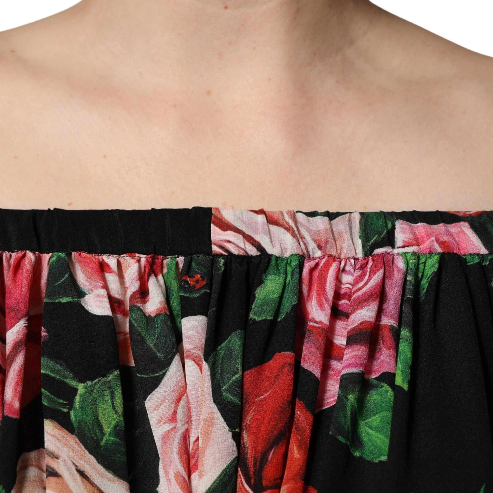Dolce & Gabbana Black Rose Print Silk Off The Shoulder Blouse Top