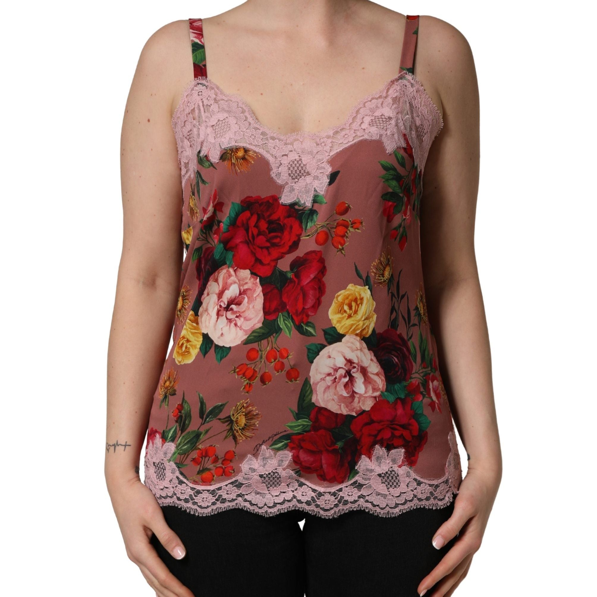 Dolce & Gabbana Brown Rose Print Satin Lace Camisole Tank Top