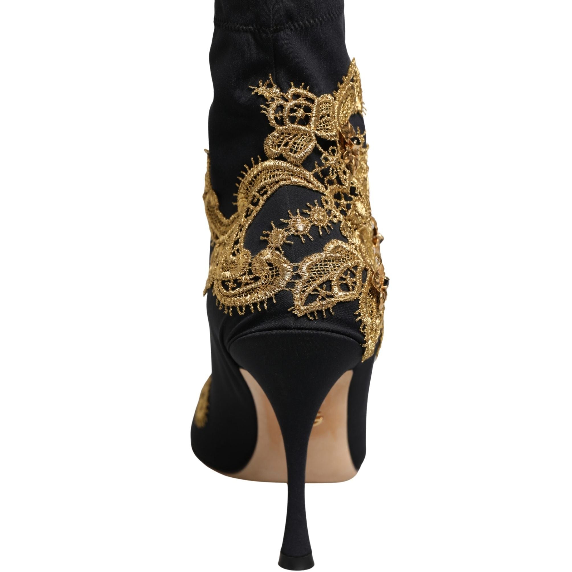 Dolce & Gabbana Black Gold Embroidery Crystal Boots Shoes
