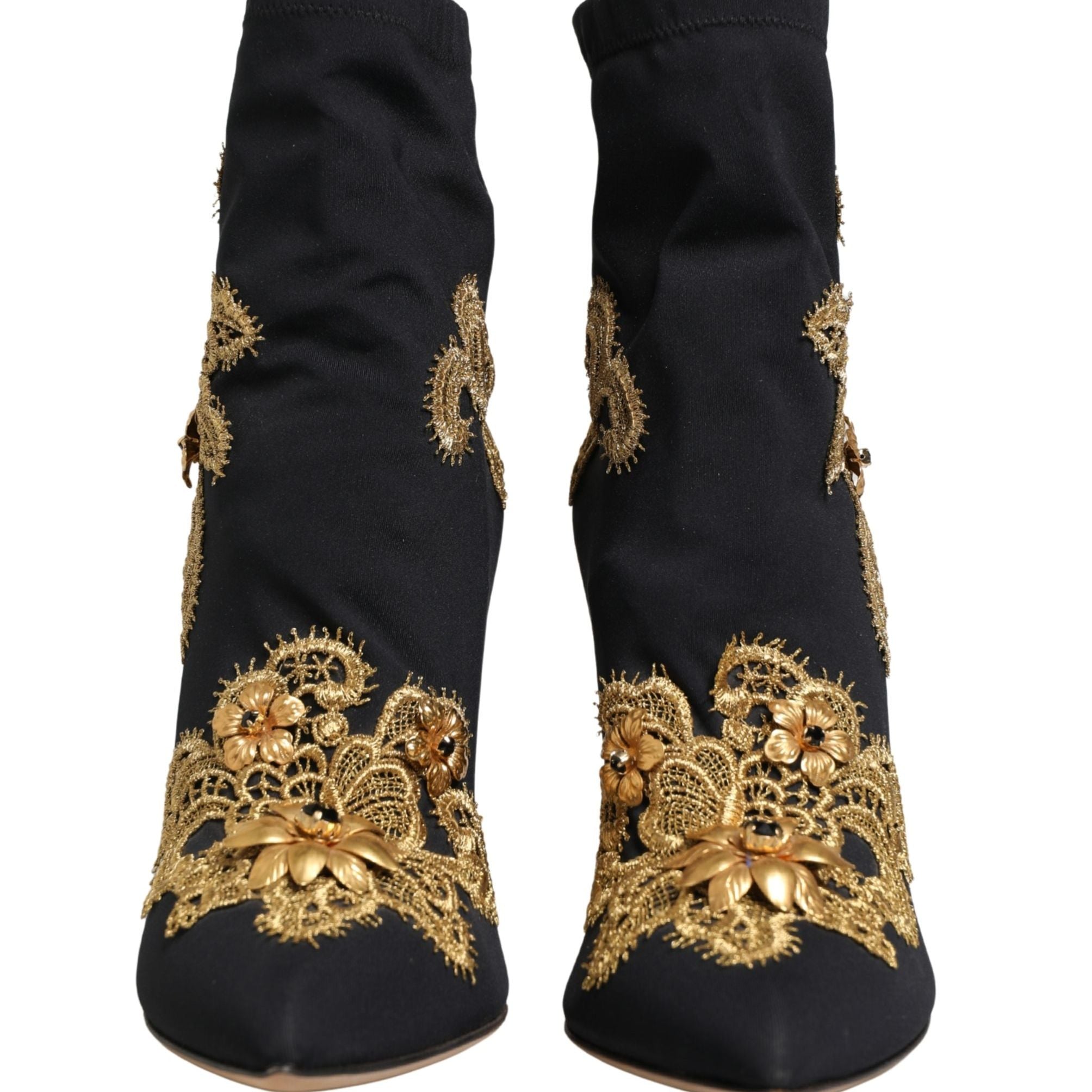 Dolce & Gabbana Black Gold Embroidery Crystal Boots Shoes