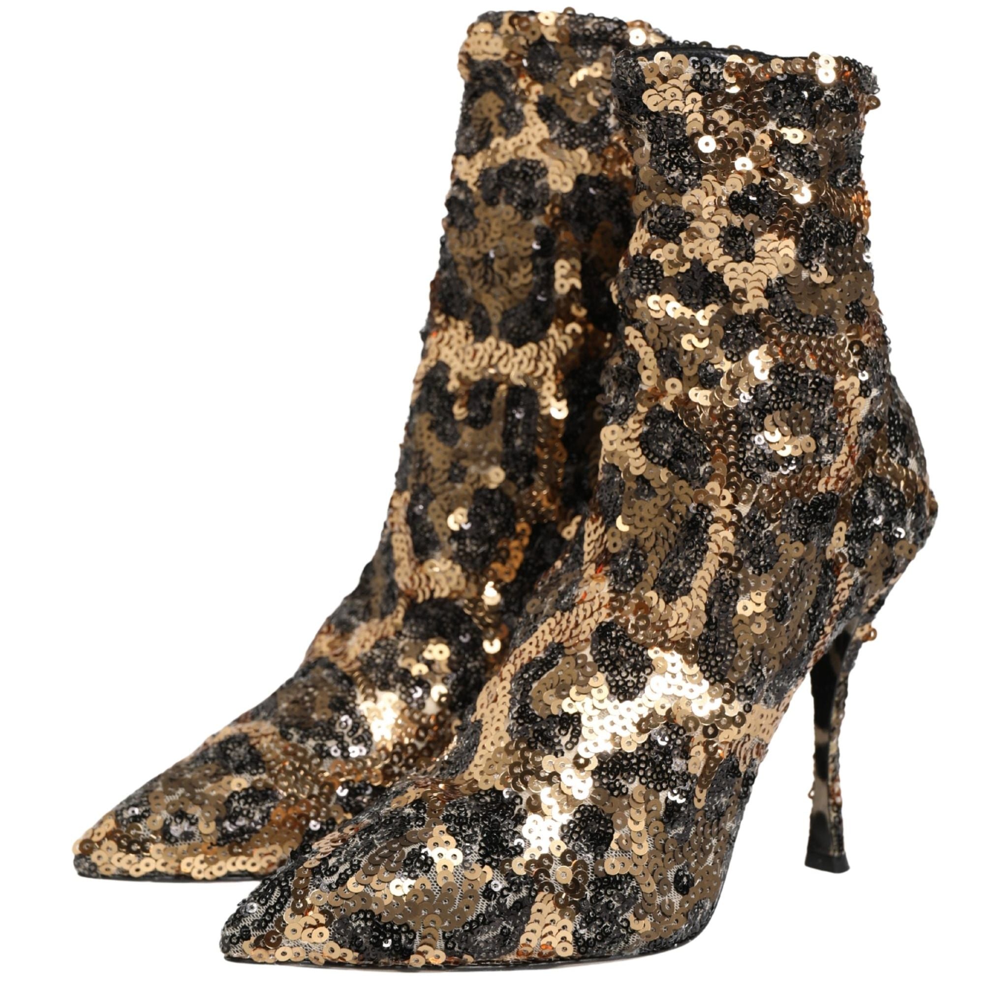 Dolce & Gabbana Gold Leopard Sequin Sock Ankle Boots Shoes
