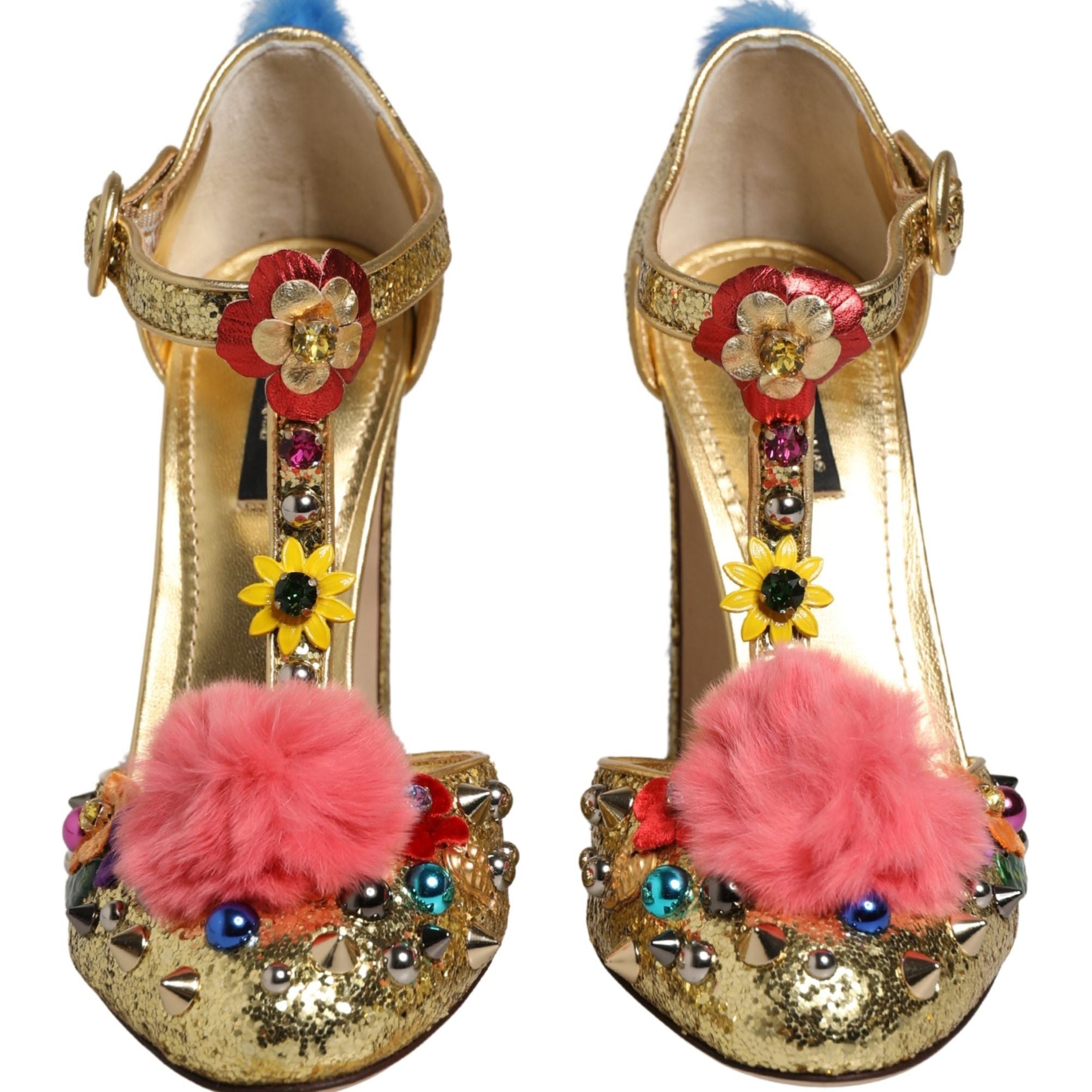 Dolce & Gabbana Gold Fur Trim Glitter T-strap Sandals Shoes