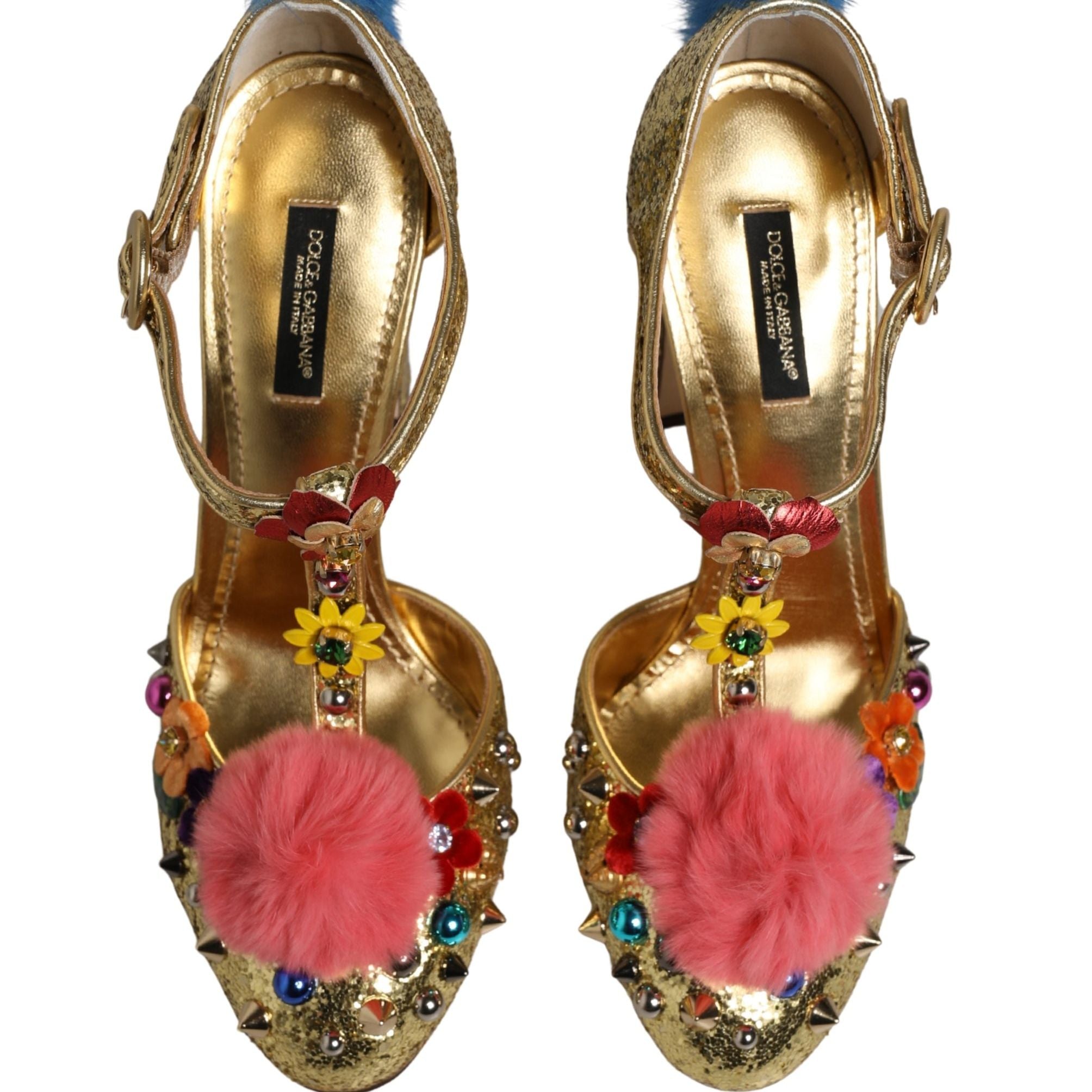 Dolce & Gabbana Gold Fur Trim Glitter T-strap Sandals Shoes