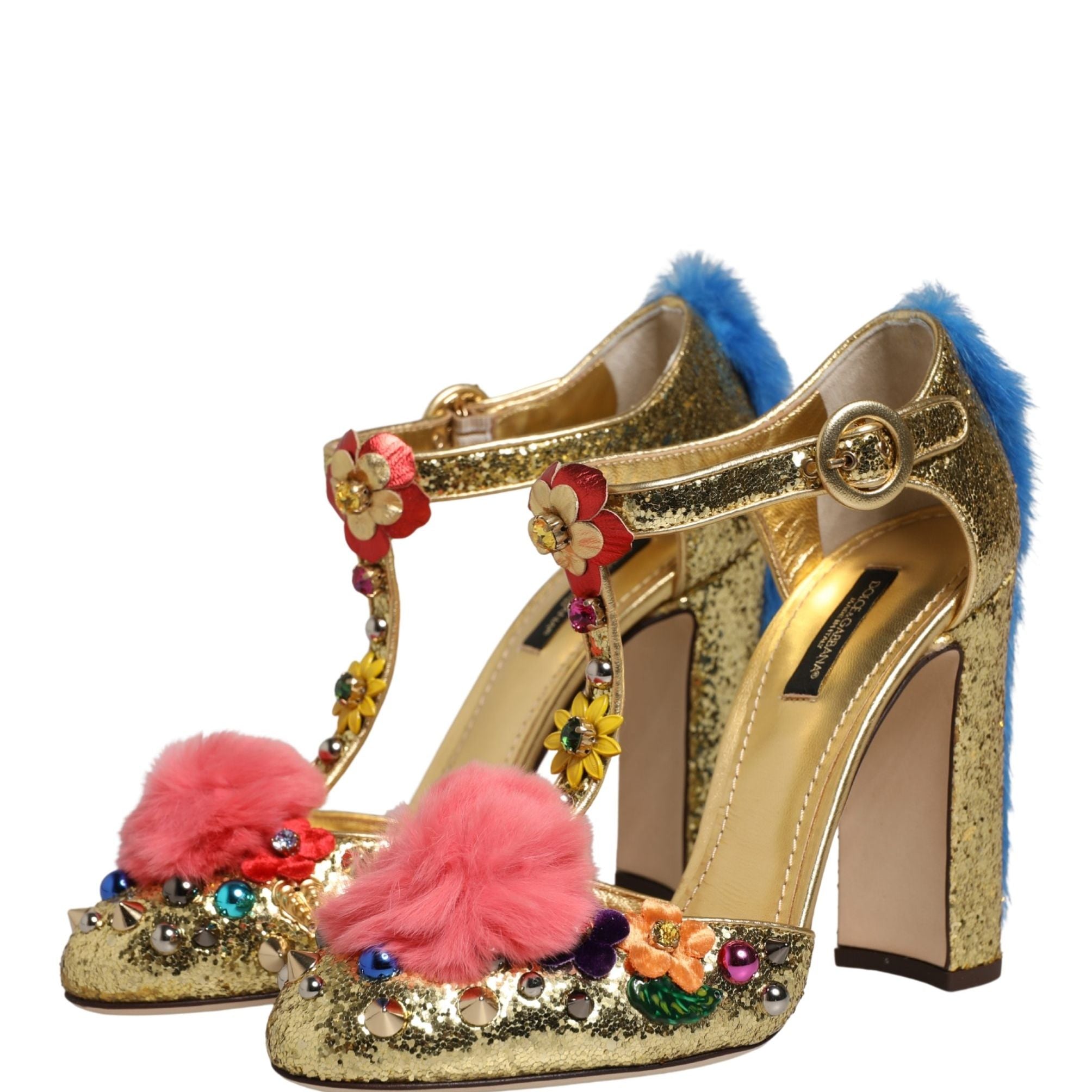 Dolce & Gabbana Gold Fur Trim Glitter T-strap Sandals Shoes