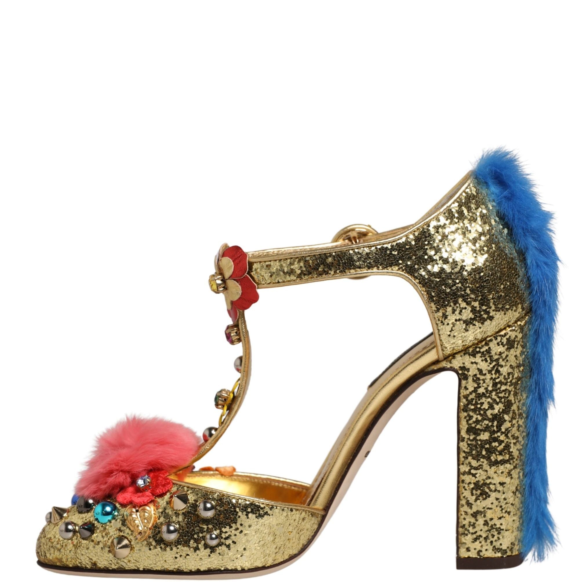 Dolce & Gabbana Gold Fur Trim Glitter T-strap Sandals Shoes