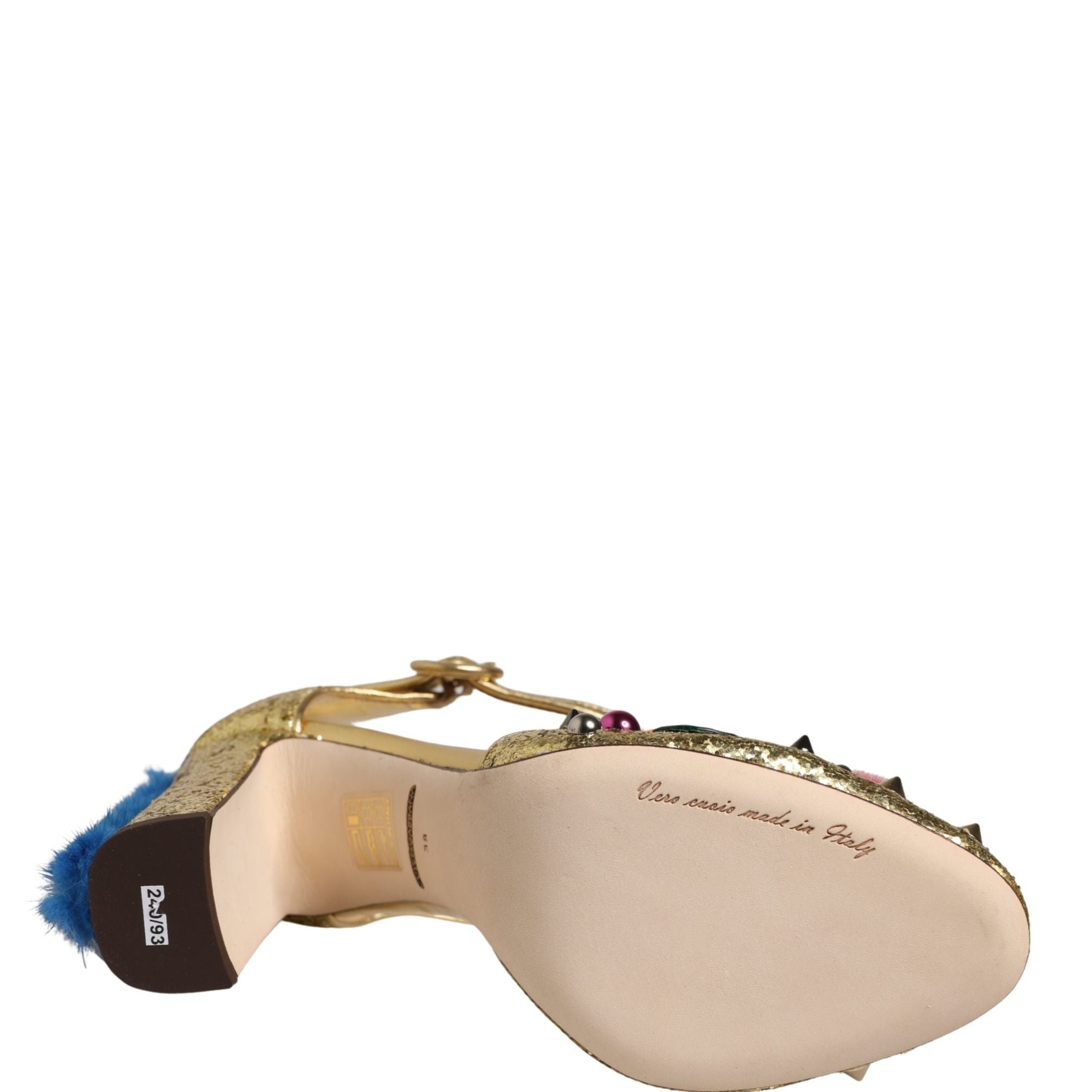 Dolce & Gabbana Gold Fur Trim Glitter T-strap Sandals Shoes