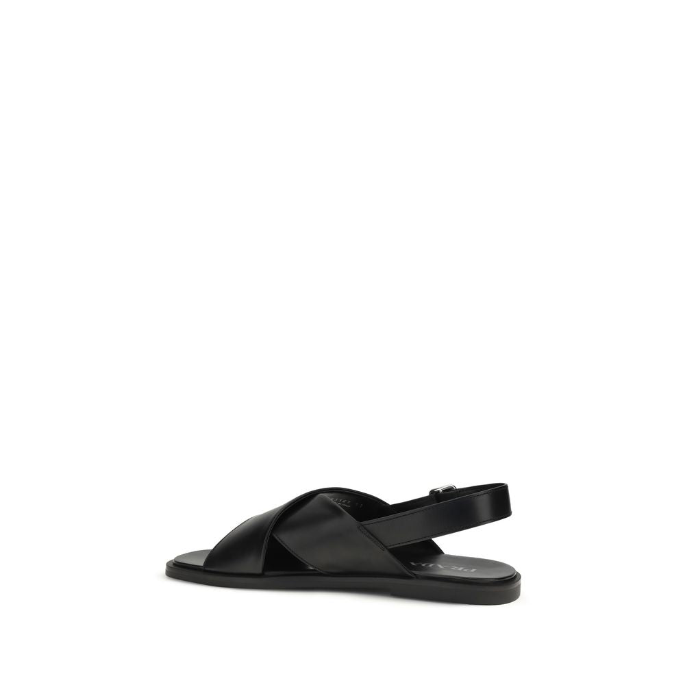 Prada Black Calf Leather Bos Taurus Flat Sandals