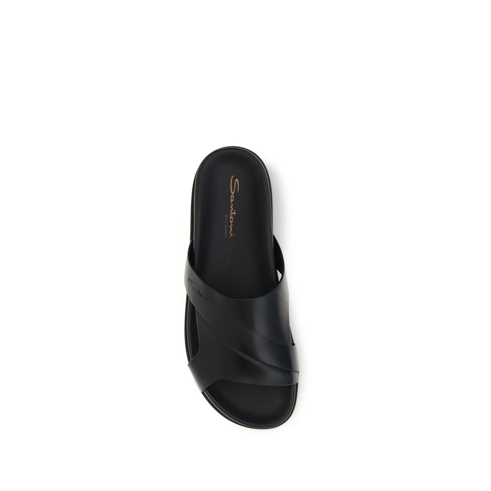 Santoni Black Calf Leather Bos Taurus Flat Sandals