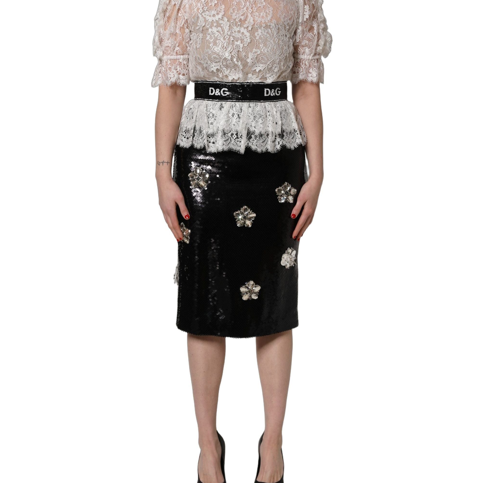 Dolce & Gabbana White Lace Top Embellished Black Skirt Dress