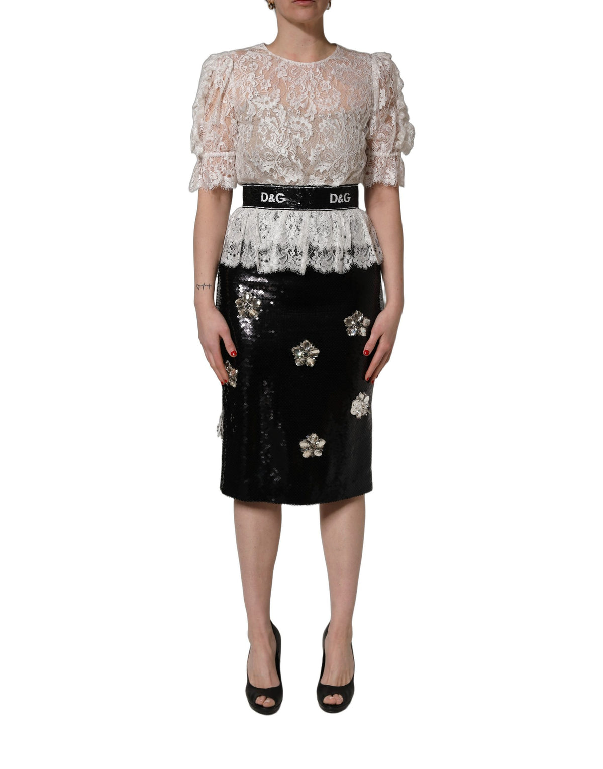 Dolce & Gabbana White Lace Top Embellished Black Skirt Dress