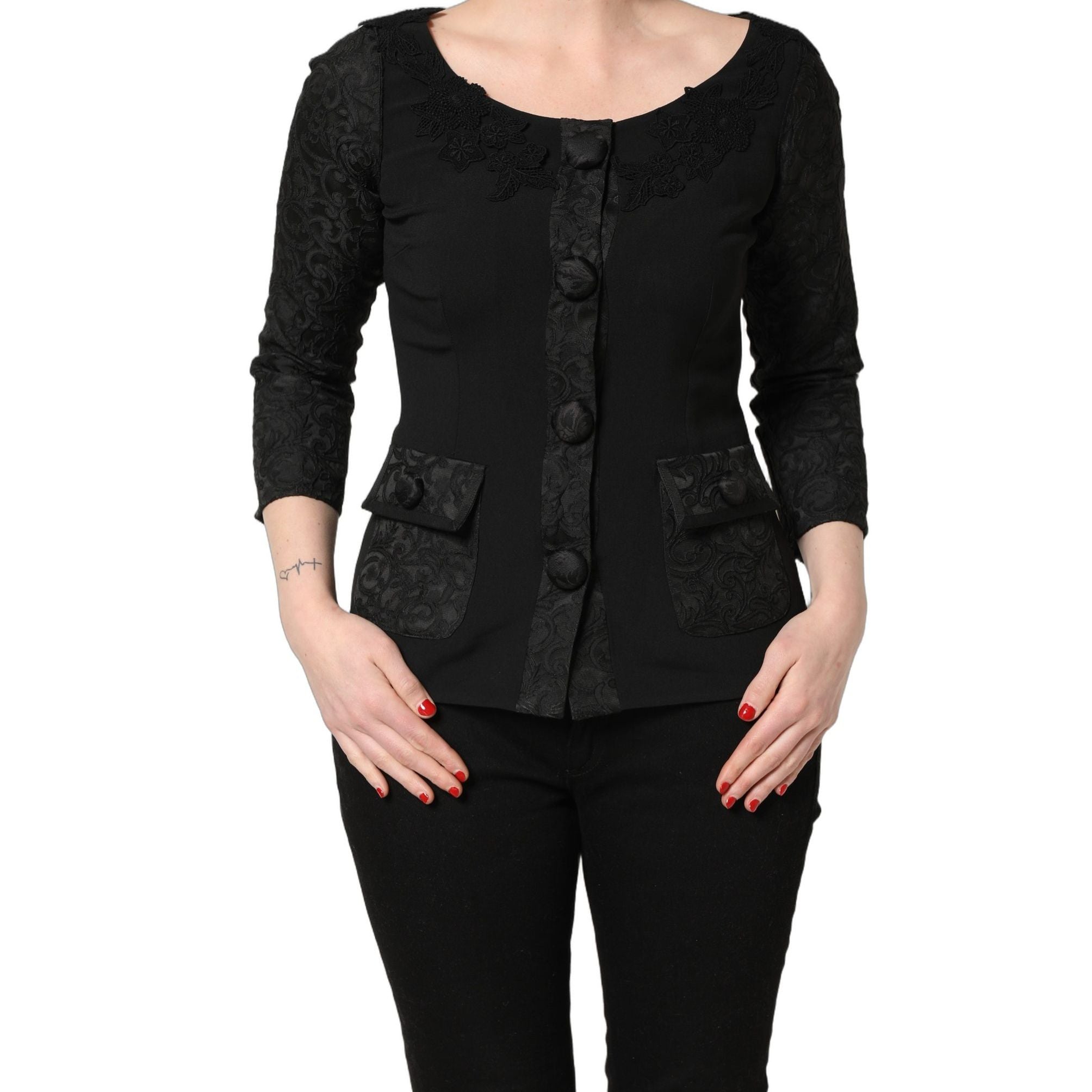 Dolce & Gabbana Dark Gray Button Fastening Lace Trimmed Blazer Jacket