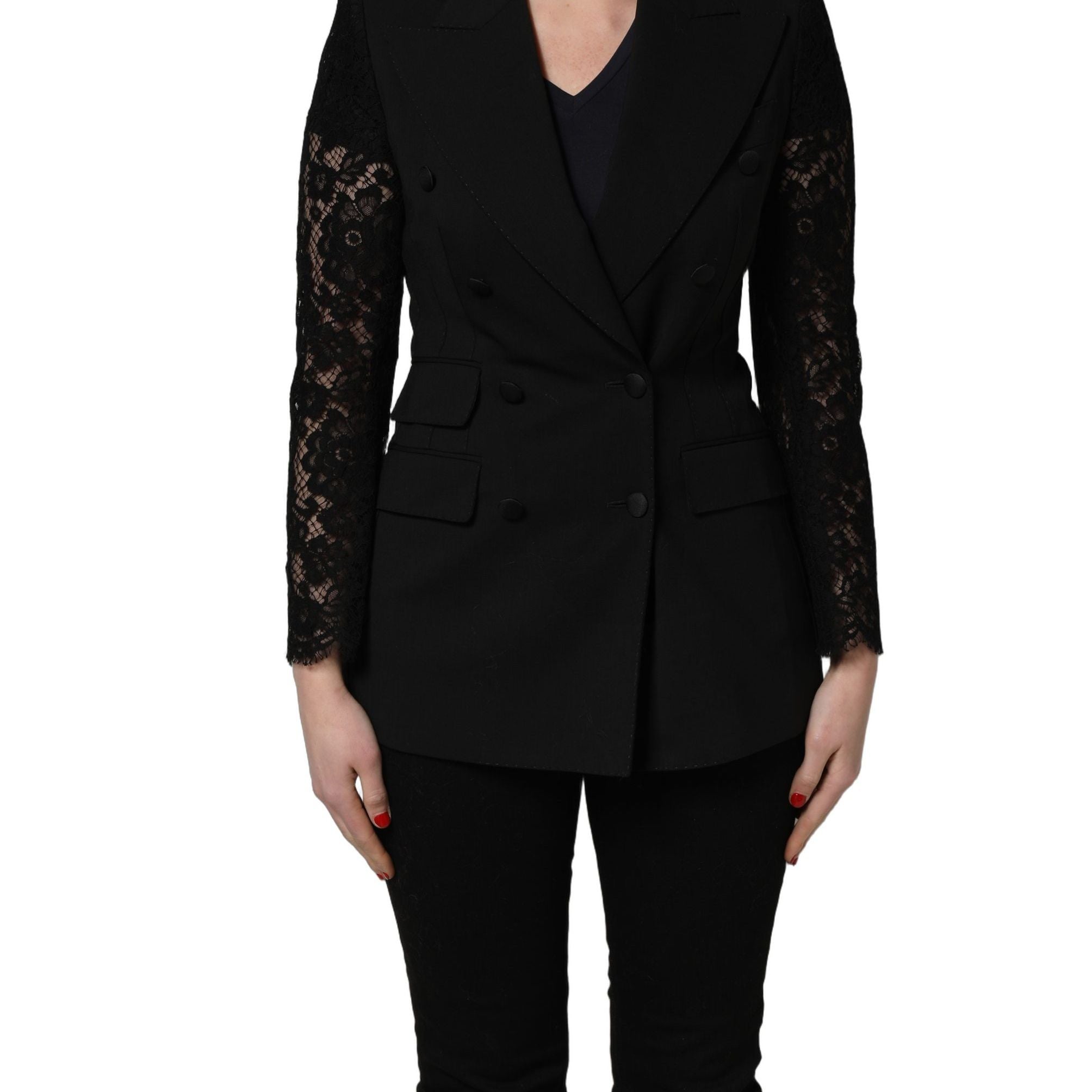Dolce & Gabbana Black Wool DoubleBreasted Lace Sleeve Jacket