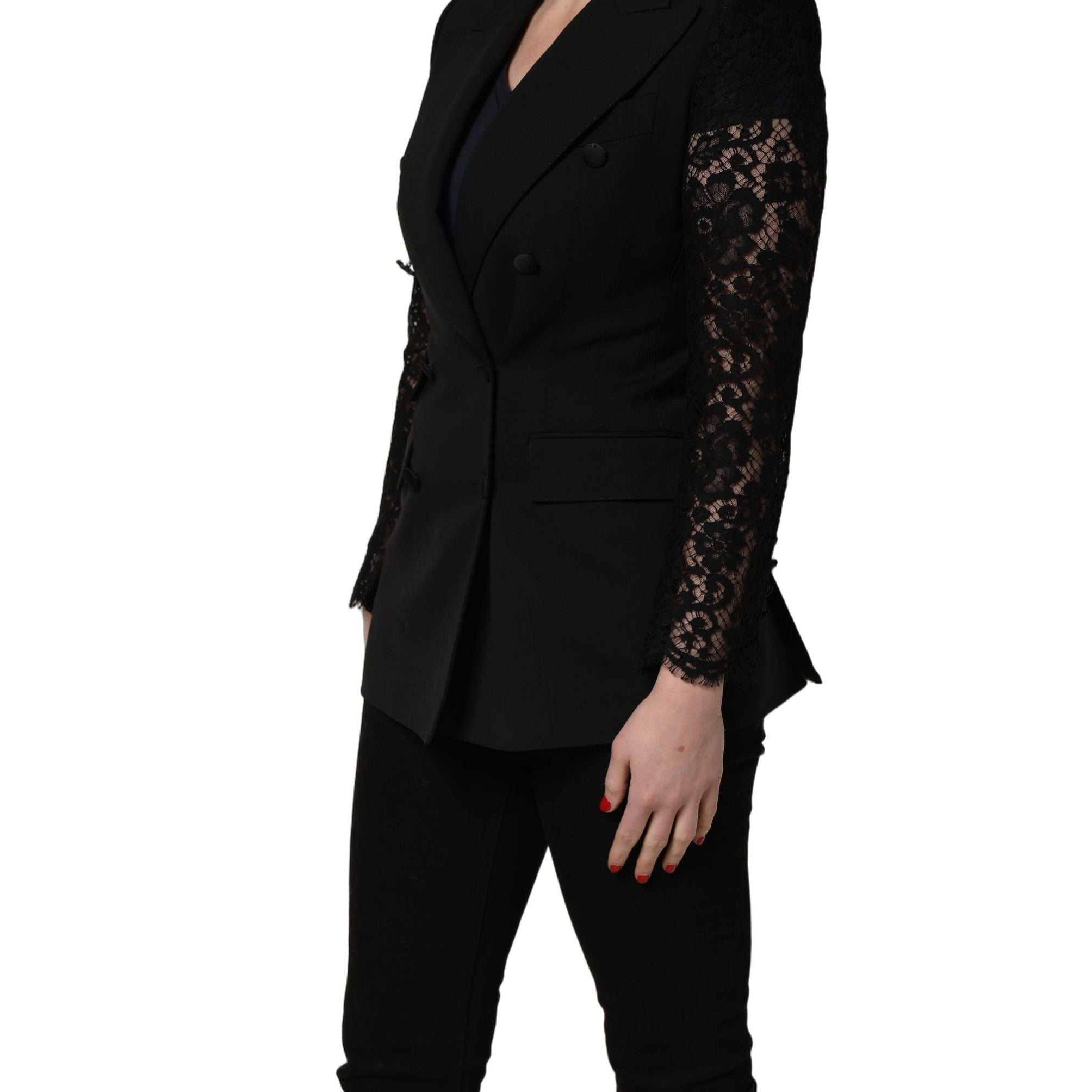 Dolce & Gabbana Black Wool DoubleBreasted Lace Sleeve Jacket