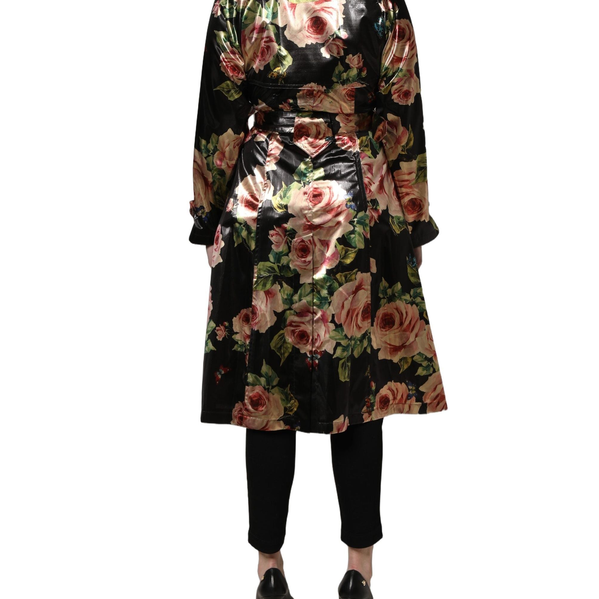 Dolce & Gabbana Black Floral Belted Polyester Trench Coat Jacket