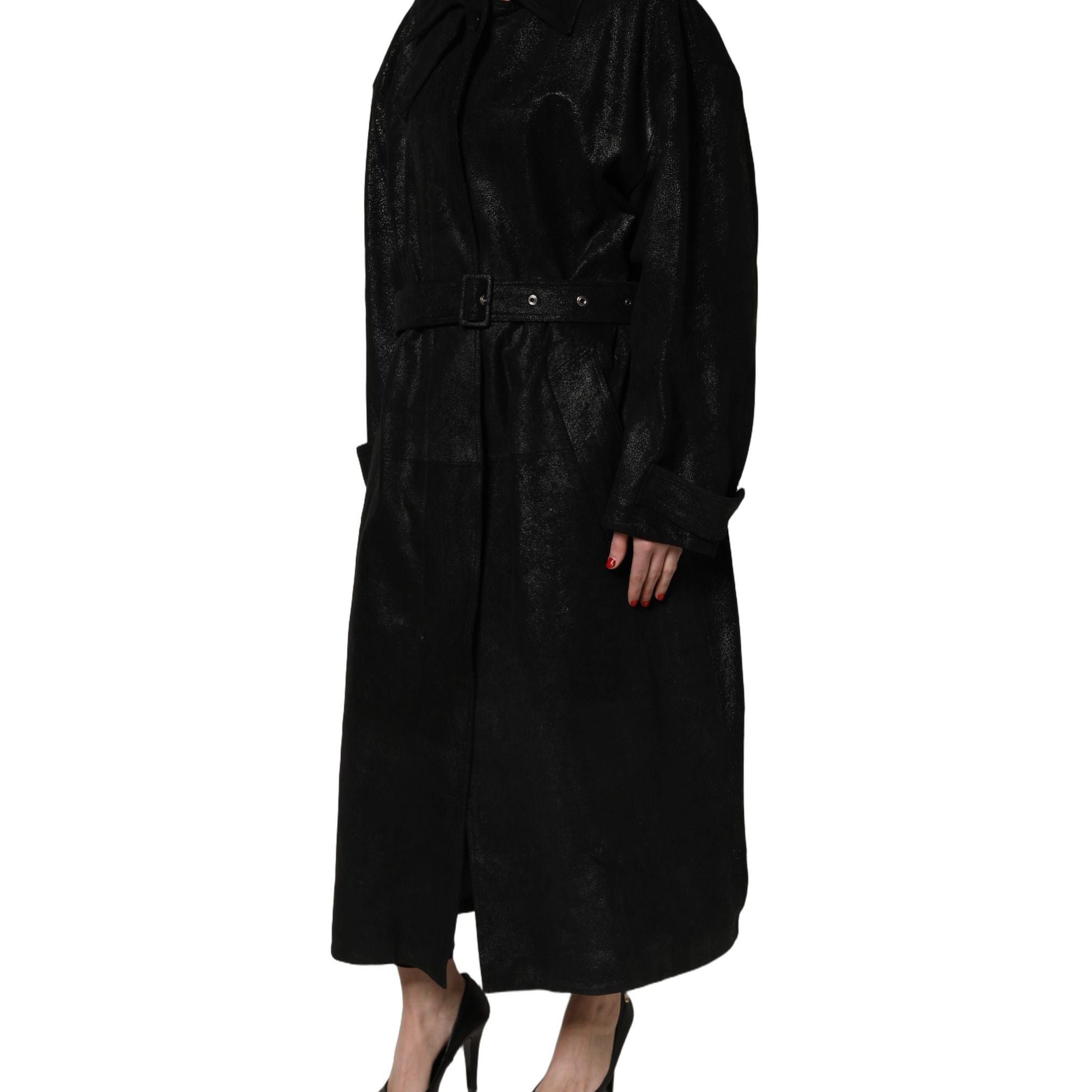 Dolce & Gabbana Black Belted Sheepskin Trench Coat Jacket