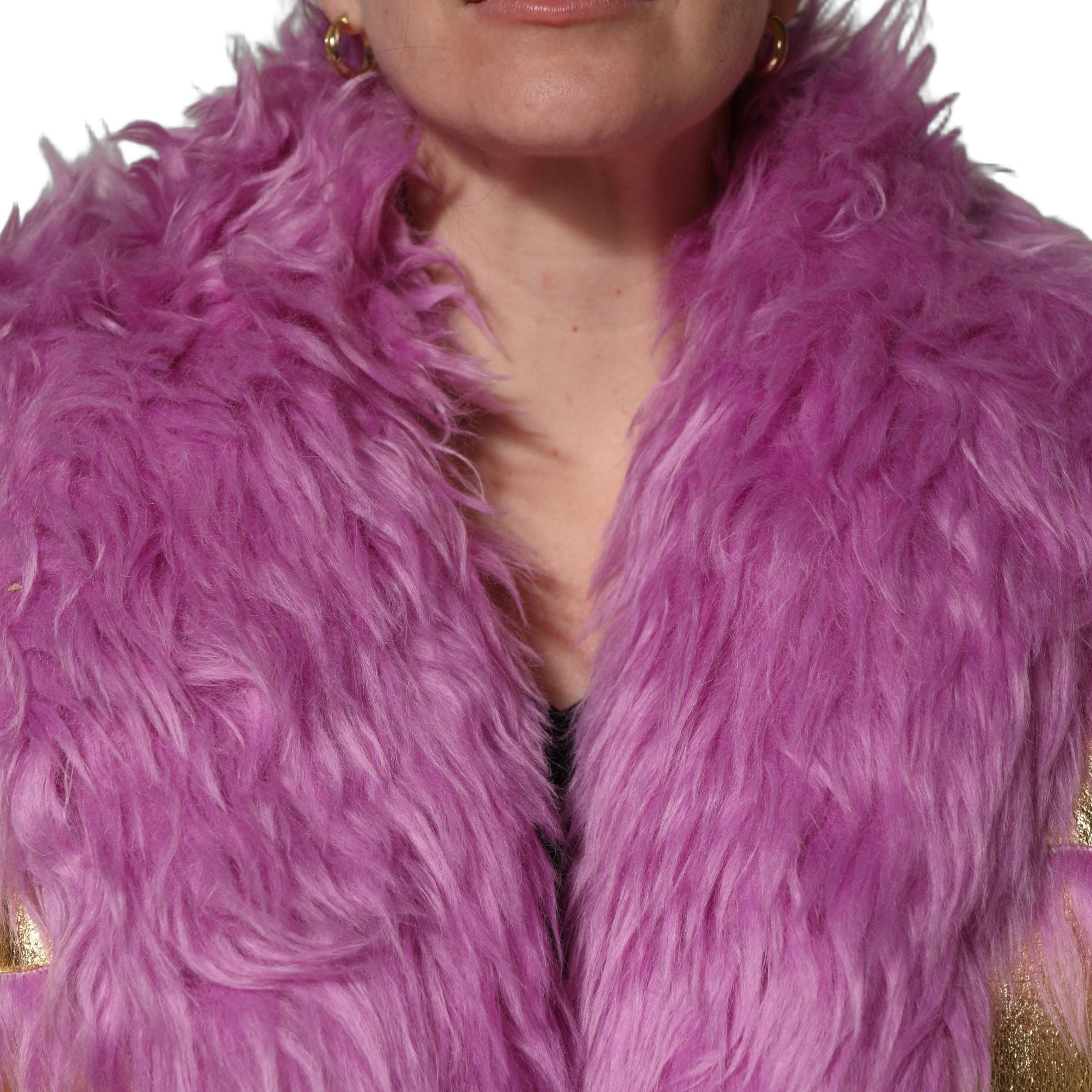 Dolce & Gabbana Pink Plush Faux Fur Gold Leather Coat Jacket