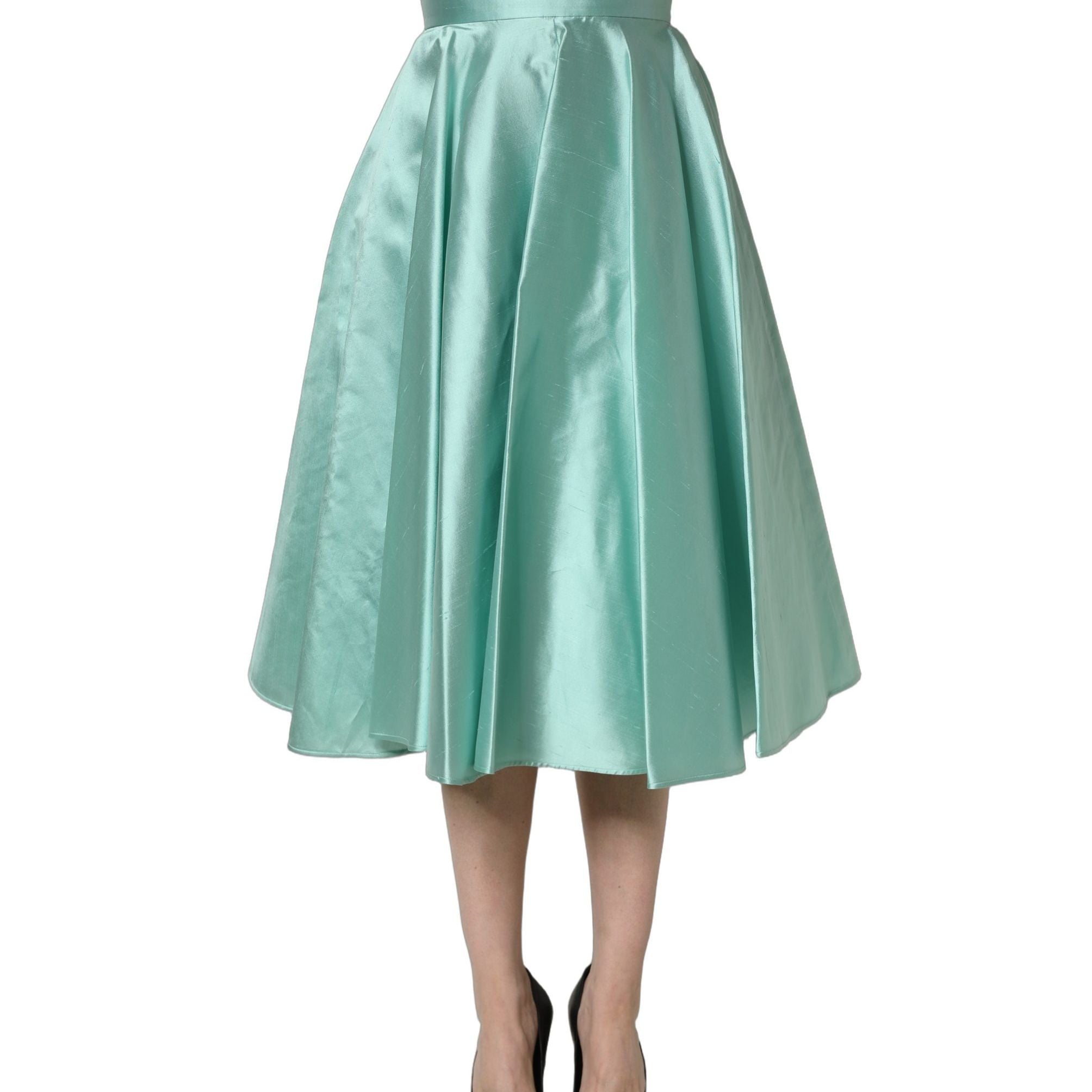 Dolce & Gabbana Green Satin High-Waisted Pleated A-line Midi Skirt