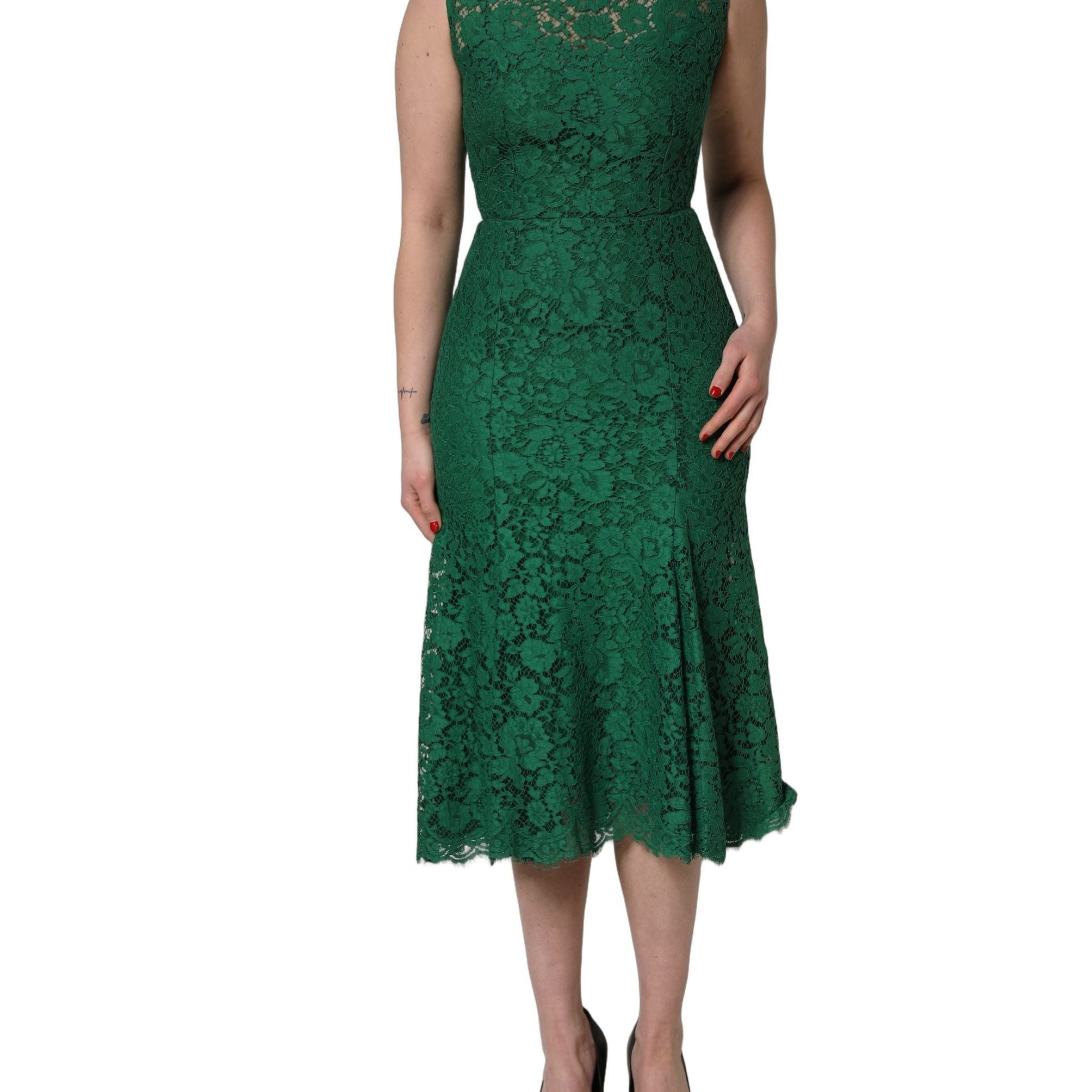 Dolce & Gabbana Green Floral Lace Cotton Sleeveless Midi Dress