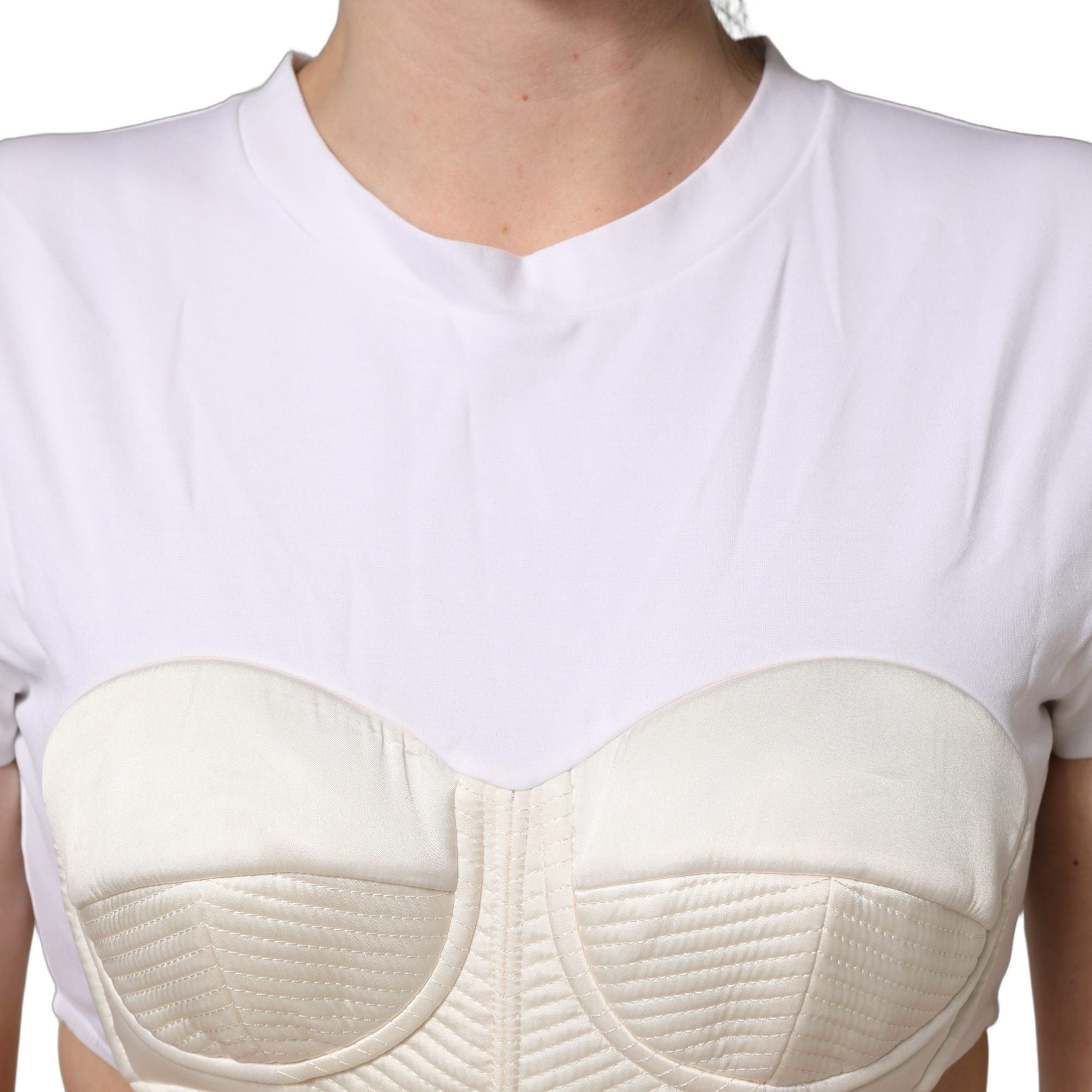 Dolce & Gabbana White Bustier Short Sleeve CrewNeck Cropped Top