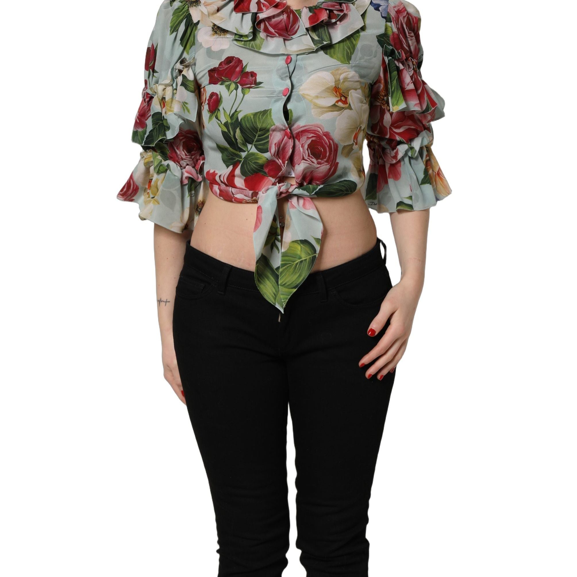 Dolce & Gabbana Multicolor Floral Silk Cropped Shirt Top