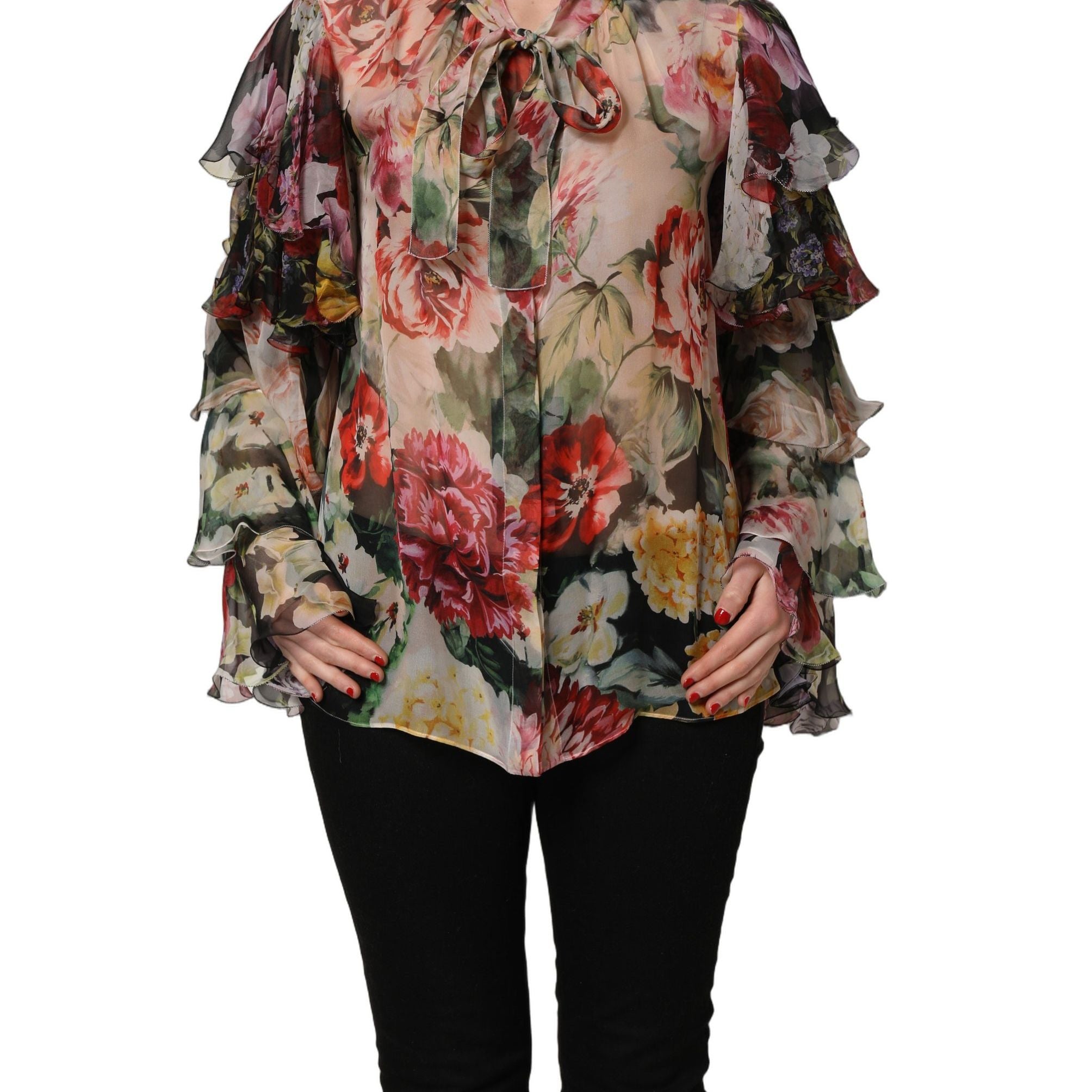 Dolce & Gabbana Multicolor Floral Tie-Neck Silk Chiffon Blouse Top