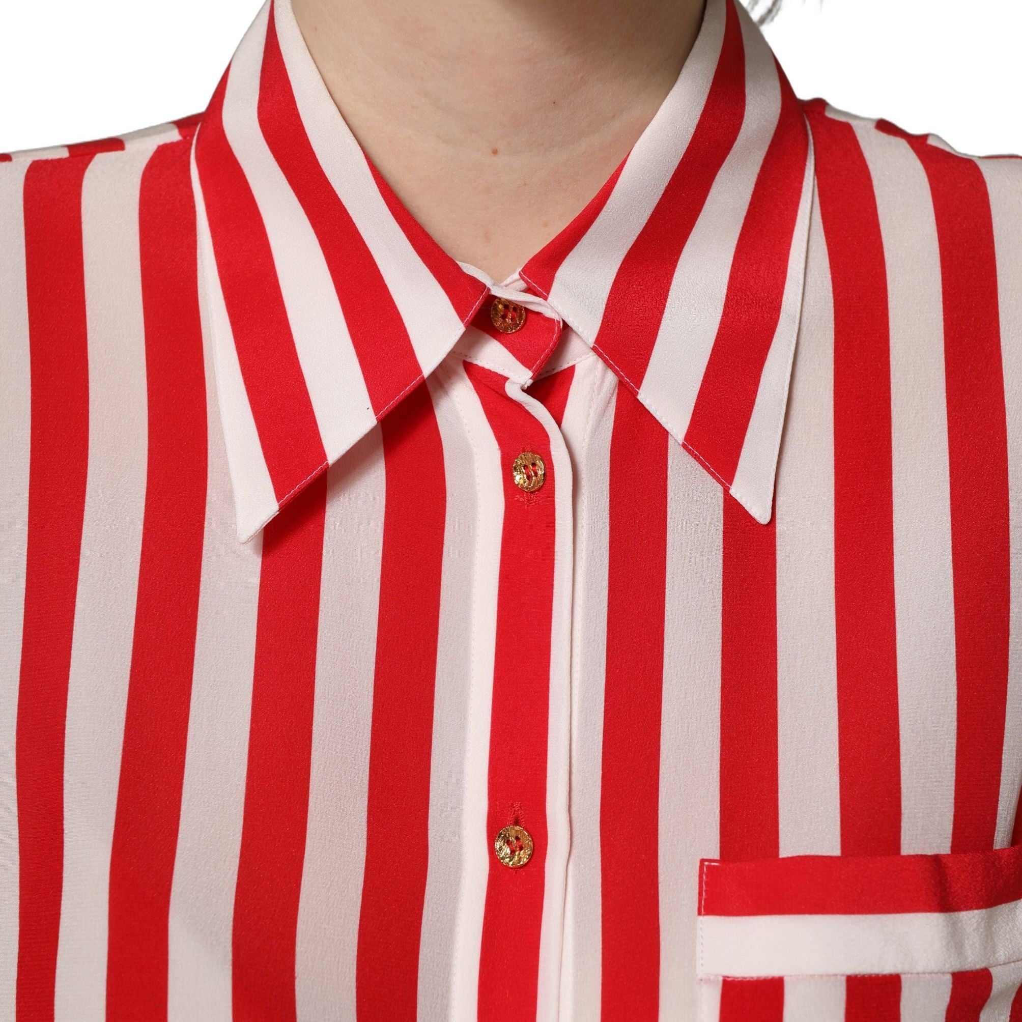 Dolce & Gabbana Red White Striped Long Sleeve Silk Blouse Top