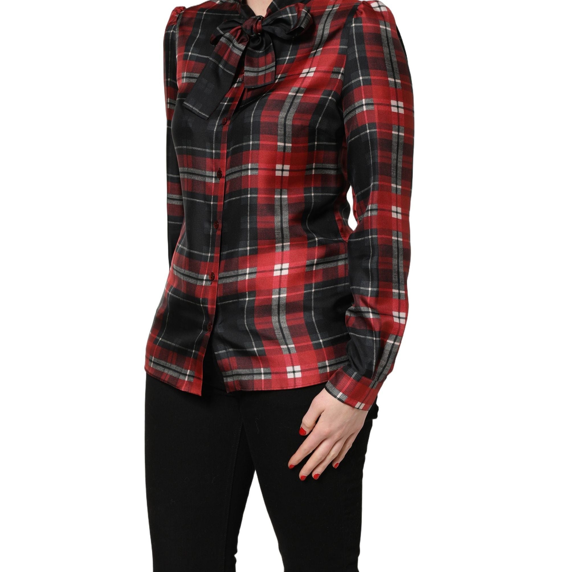 Dolce & Gabbana Red Black Plaid Silk Tie-Neck Blouse Top
