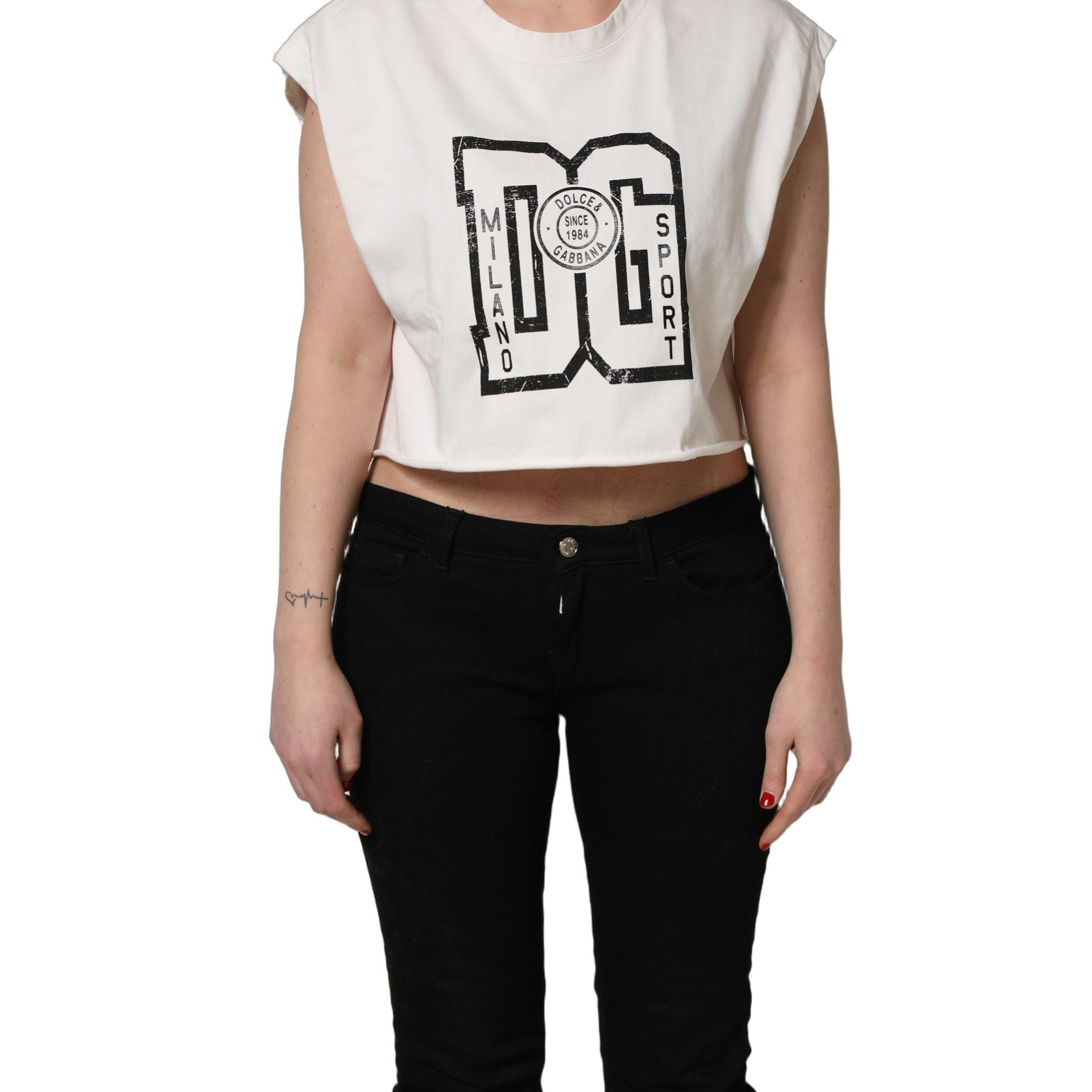 Dolce & Gabbana White Cotton DG Logo Print Cropped Jersey Top