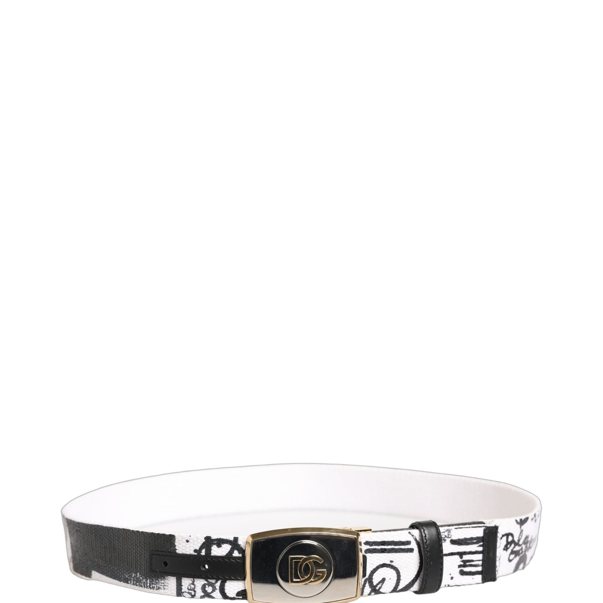 Dolce & Gabbana White Graffiti Print Gold Metal Buckle Belt