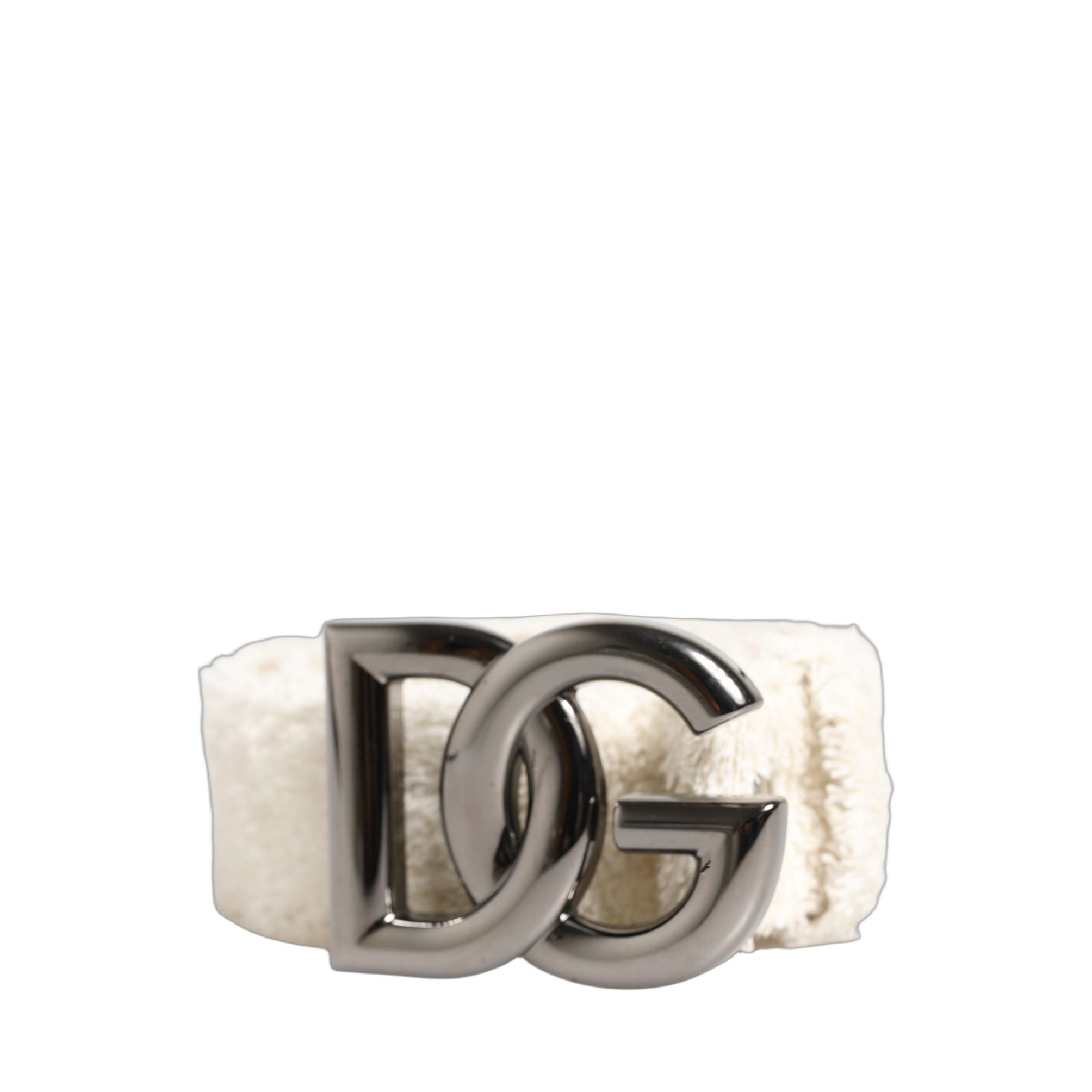 Dolce & Gabbana White Cotton Fleece DG Logo Metal Buckle Belt