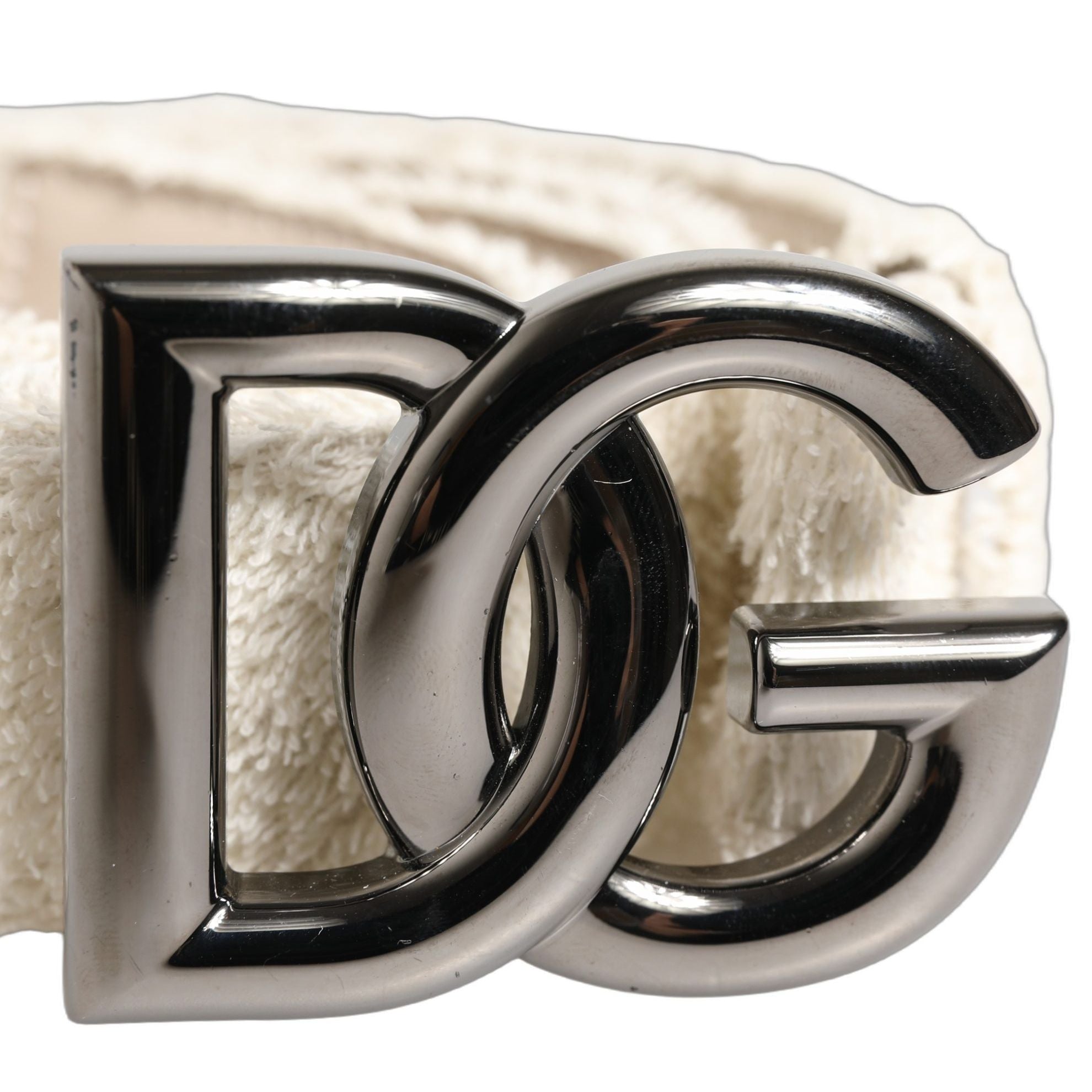Dolce & Gabbana White Cotton Fleece DG Logo Metal Buckle Belt
