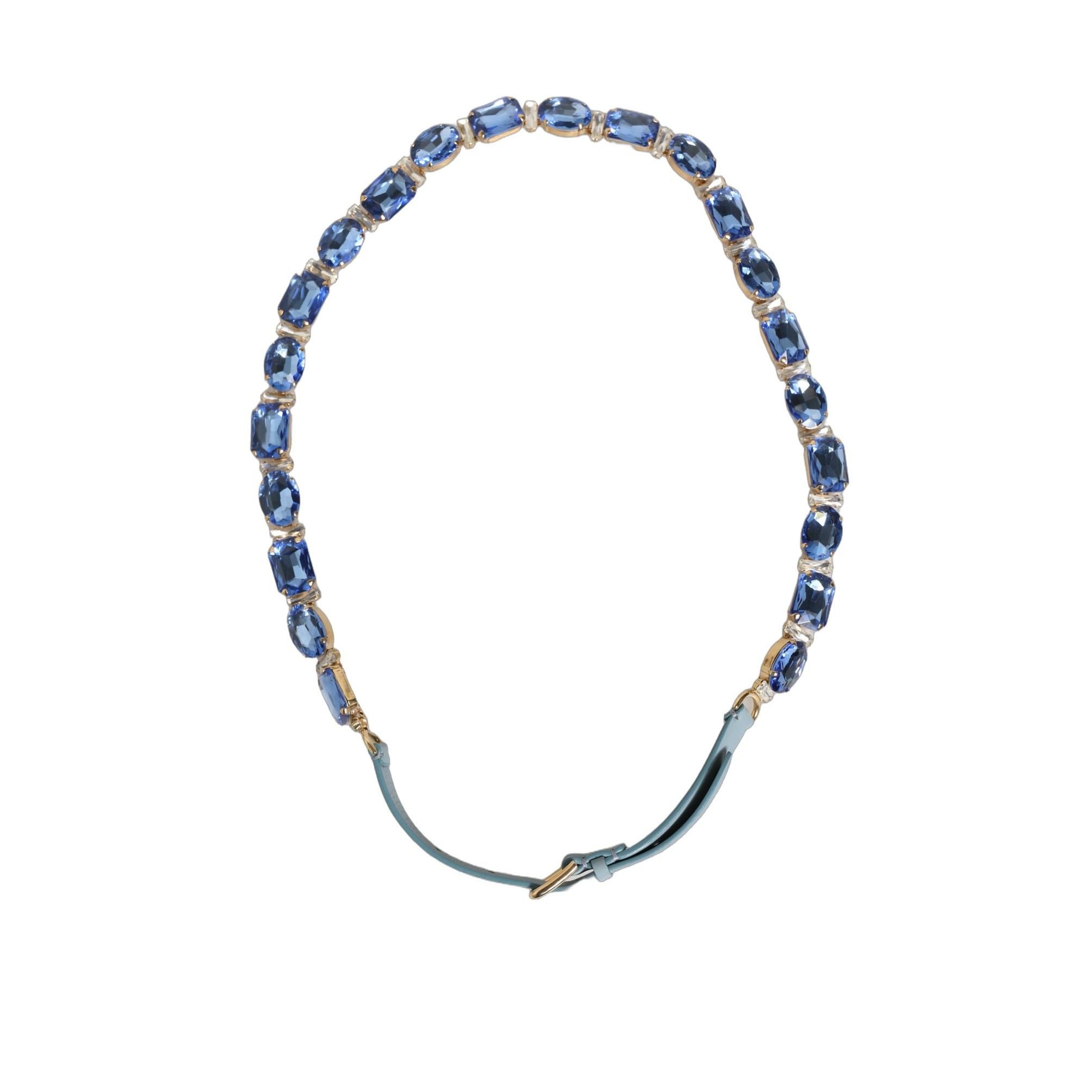 Dolce & Gabbana Blue Leather Crystal Chain Embellished Belt