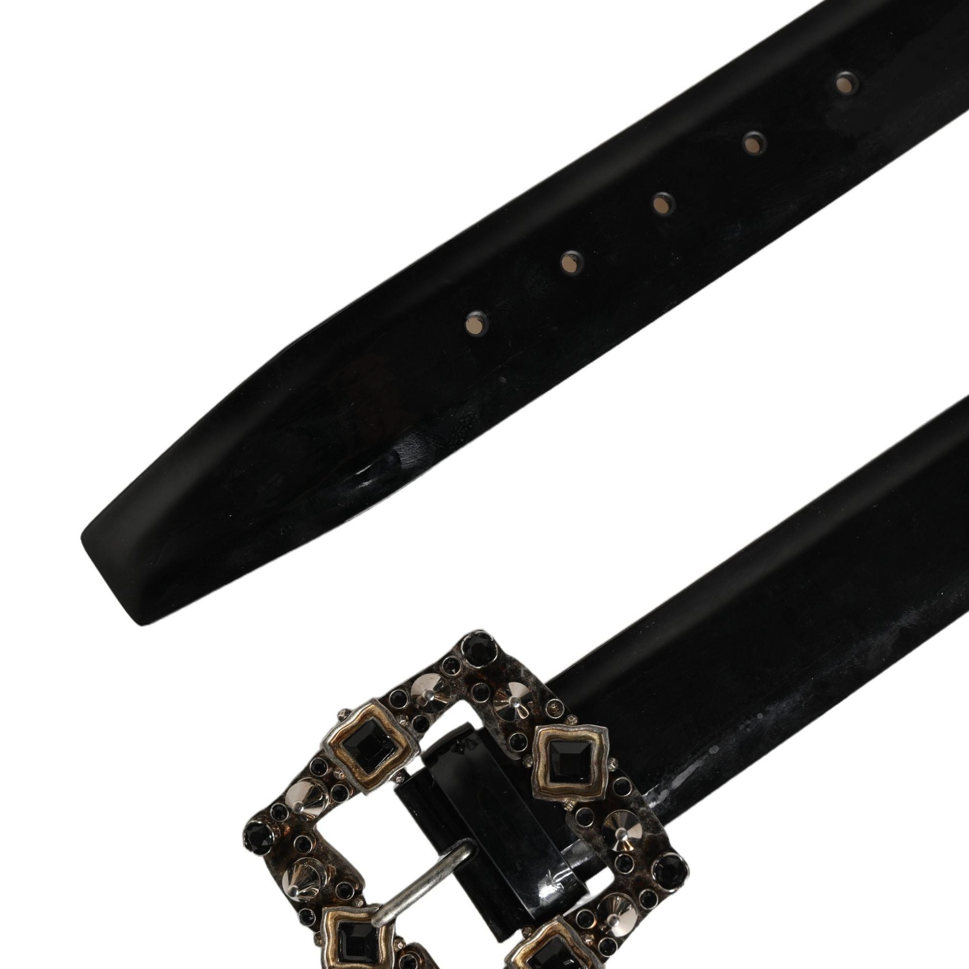 Dolce & Gabbana Black Leather Crystal Metal Buckle Belt