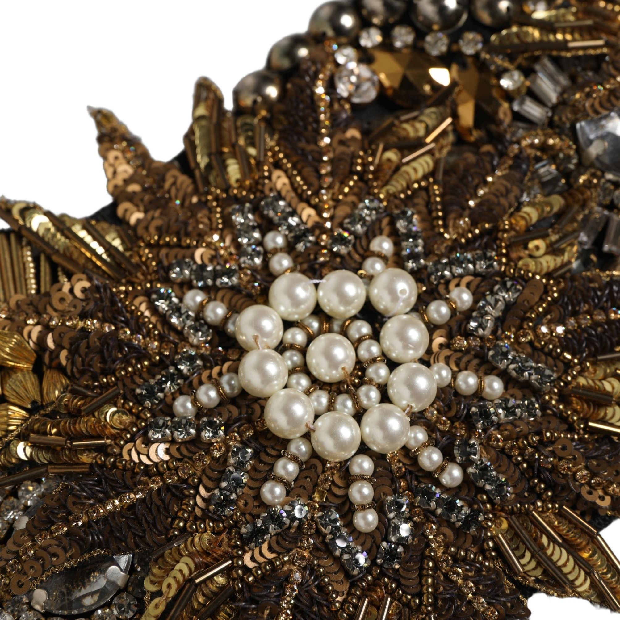 Dolce & Gabbana Black Gold Tone Crystal Brass Flower Brooches Belt