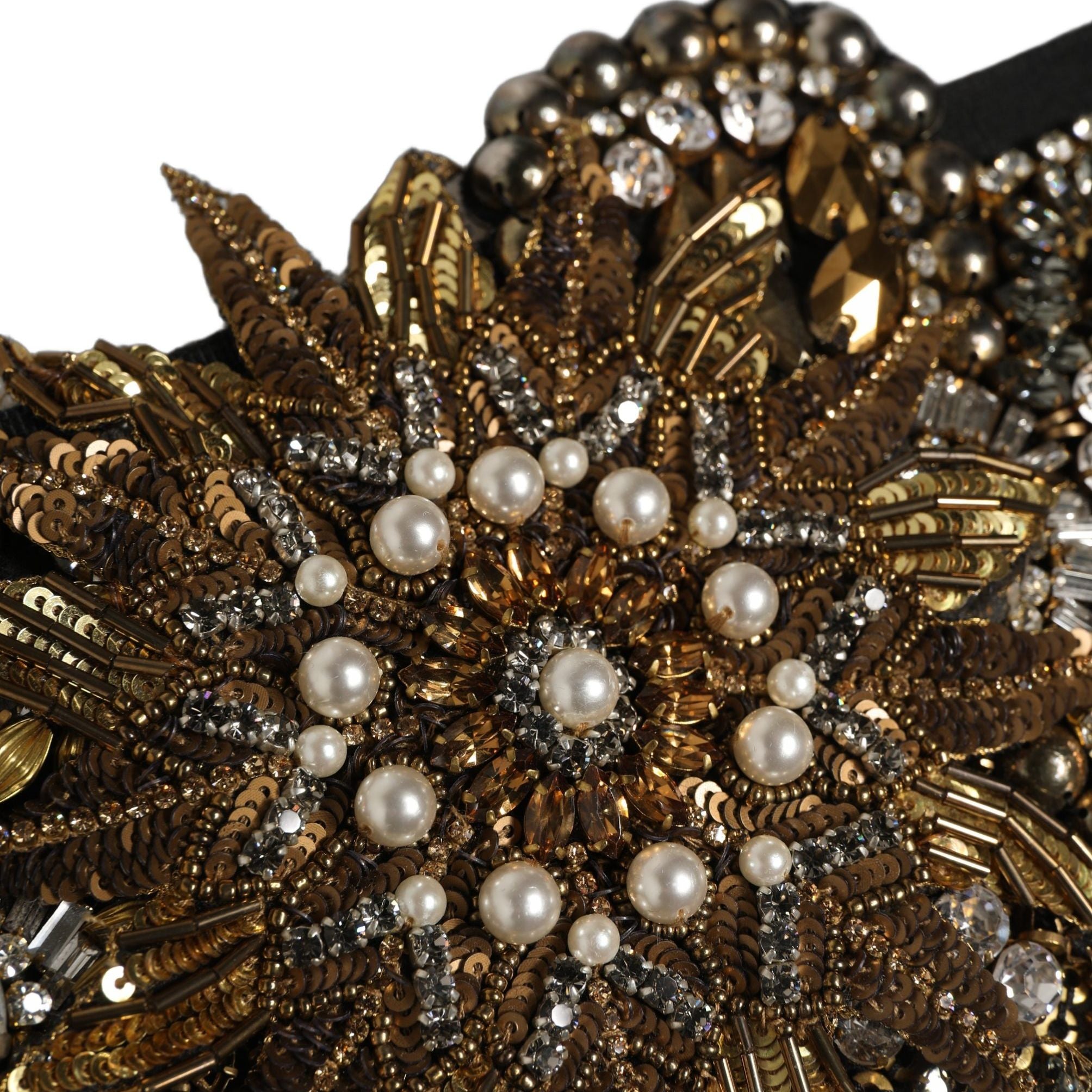 Dolce & Gabbana Black Gold Tone Crystal Brass Flower Brooches Belt