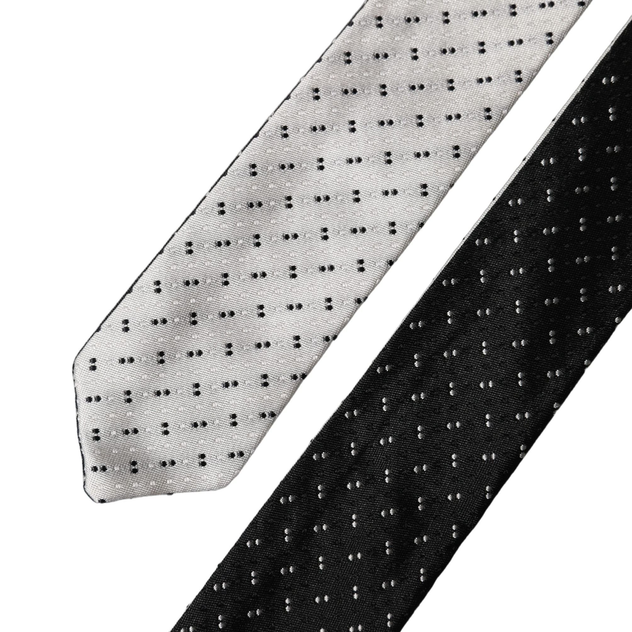 Dolce & Gabbana White Black Patterned Silk Adjustable Men Necktie Tie