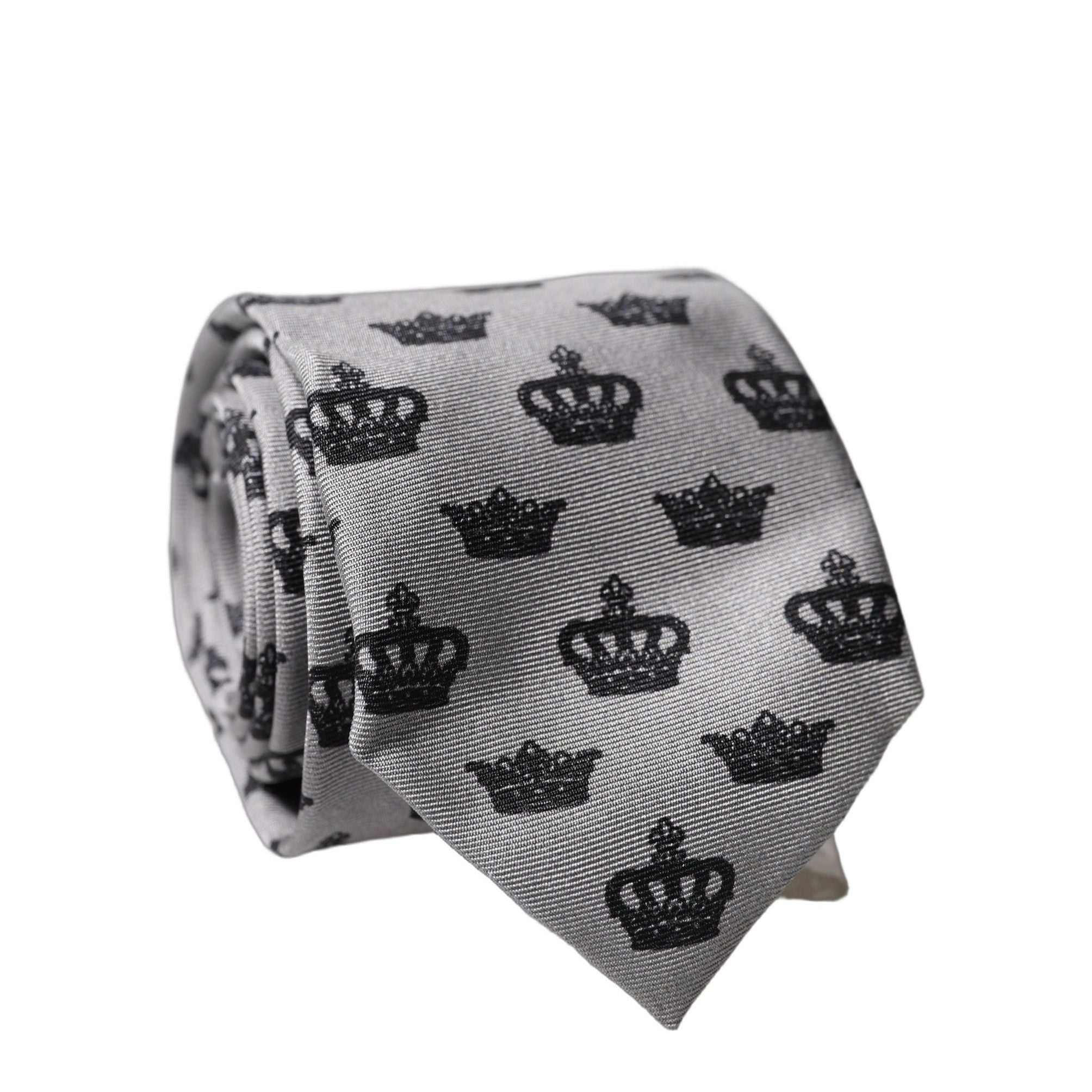 Dolce & Gabbana Gray Crown Fantasy Silk Adjustable Men Tied Necktie Tie
