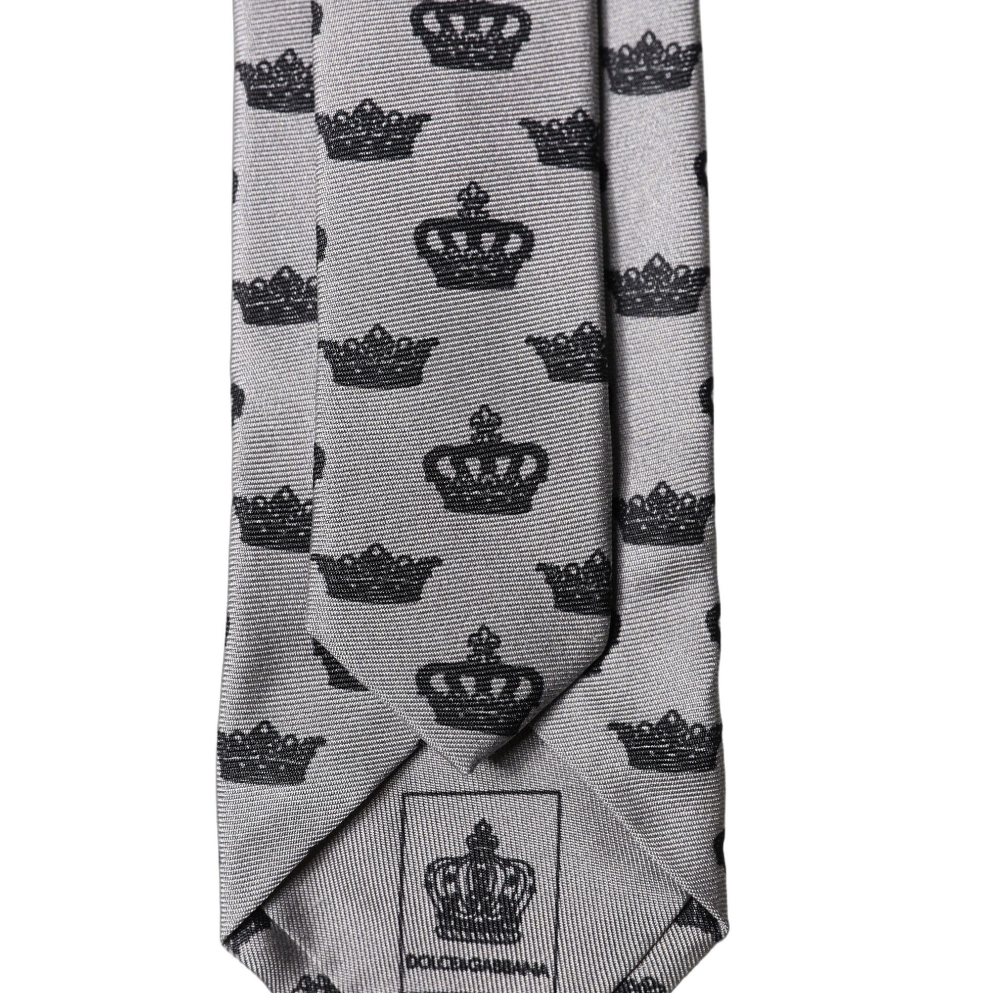 Dolce & Gabbana Gray Crown Fantasy Silk Adjustable Men Tied Necktie Tie
