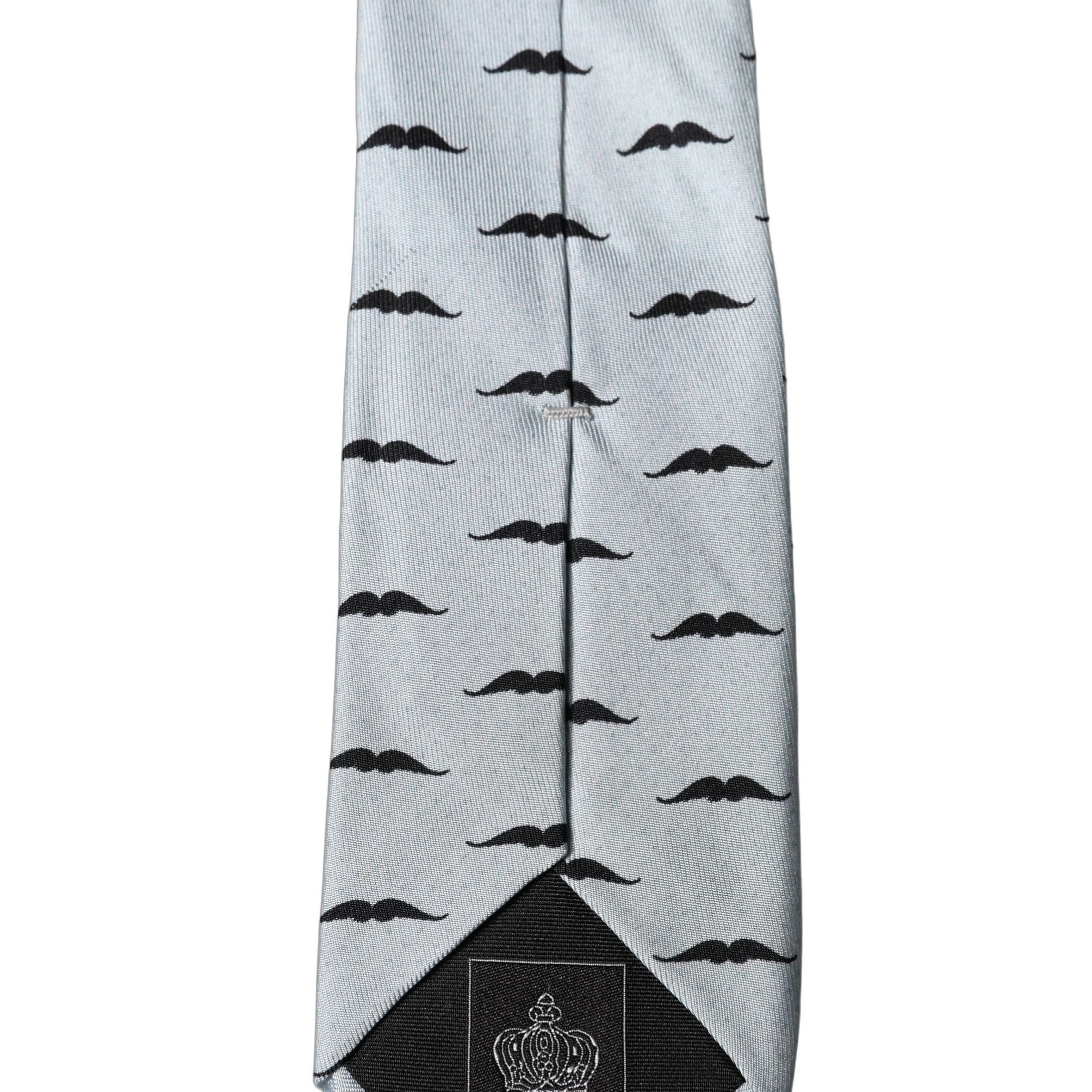 Dolce & Gabbana Light Gray Mustache Fantasy Silk Adjustable Necktie Tie