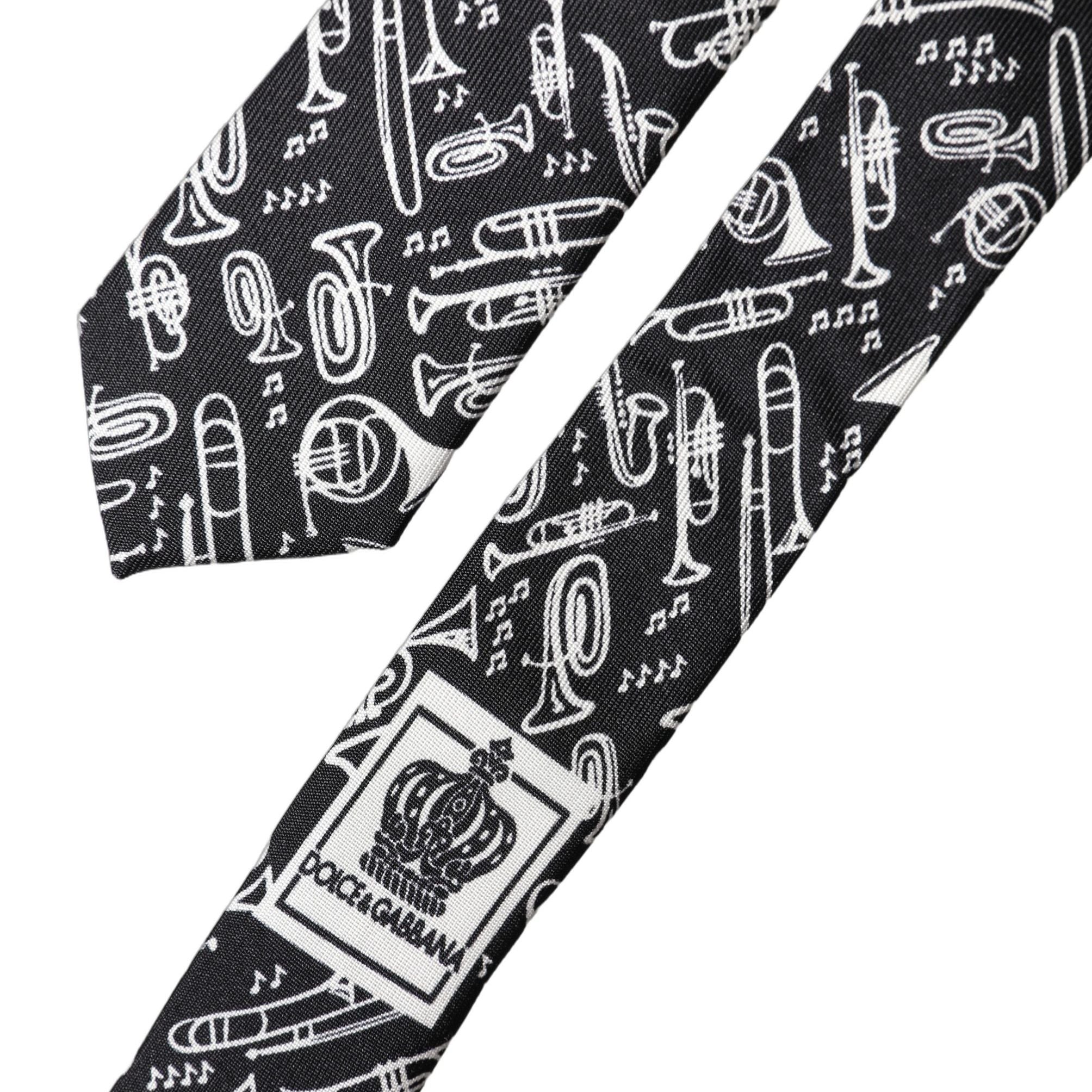 Dolce & Gabbana Black Trumpet Print Silk Adjustable Men Tied Necktie Tie