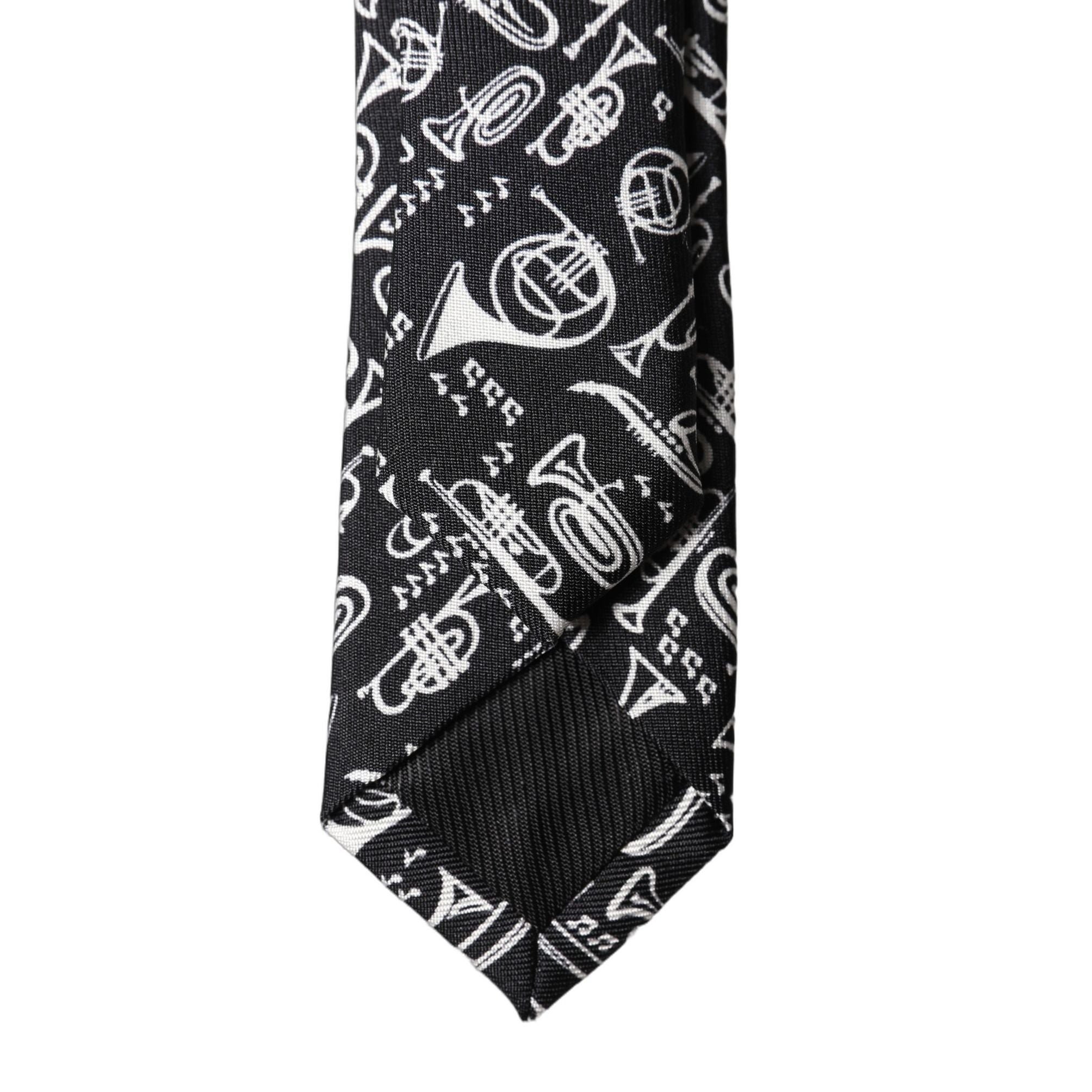 Dolce & Gabbana Black Trumpet Print Silk Adjustable Men Tied Necktie Tie