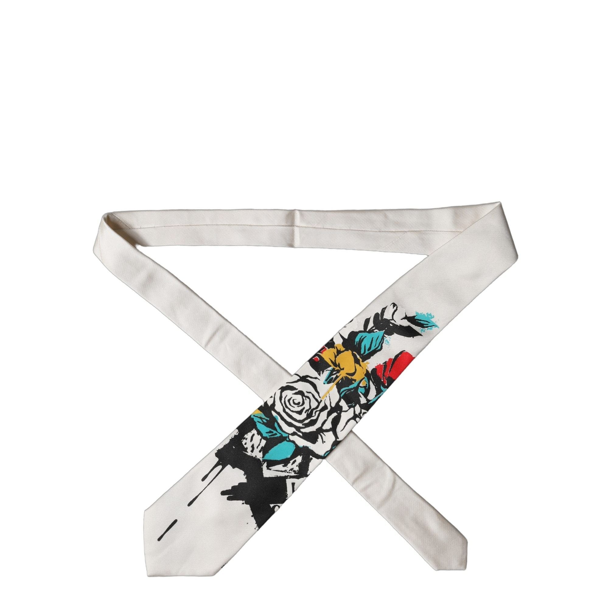 Dolce & Gabbana White Tattoo Floral Silk Adjustable Men Tied Necktie Tie