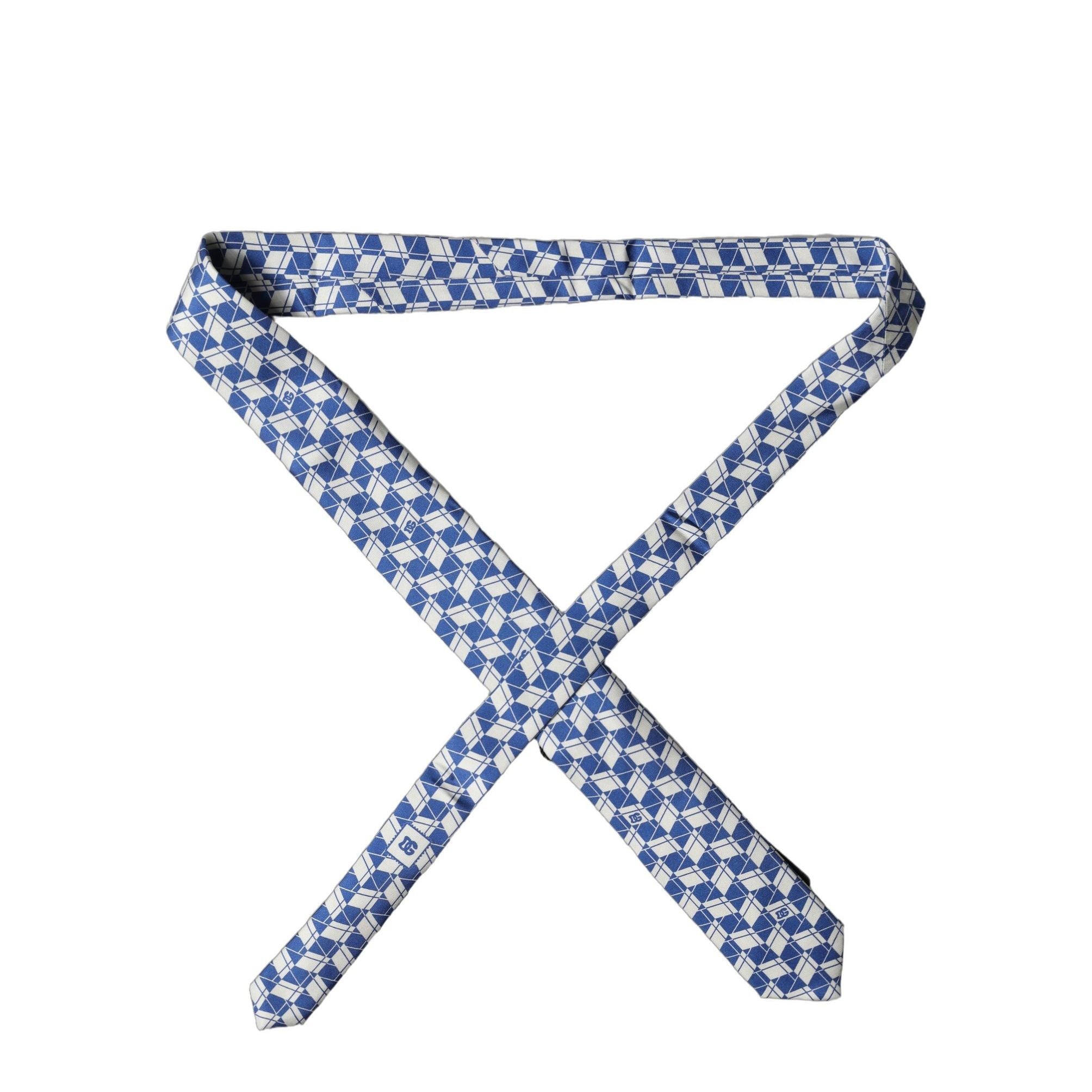 Dolce & Gabbana Blue White Geometric Silk Adjustable Men Tied Necktie Tie
