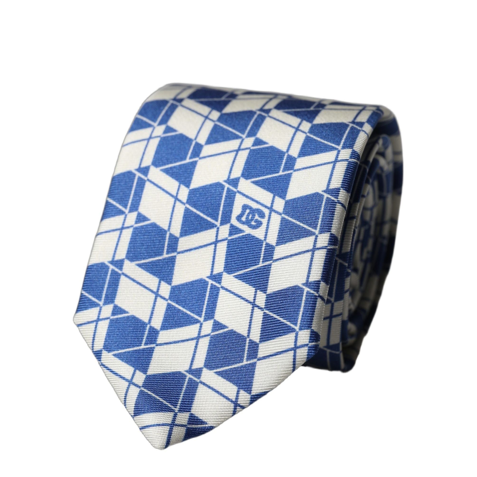 Dolce & Gabbana Blue White Geometric Silk Adjustable Men Tied Necktie Tie